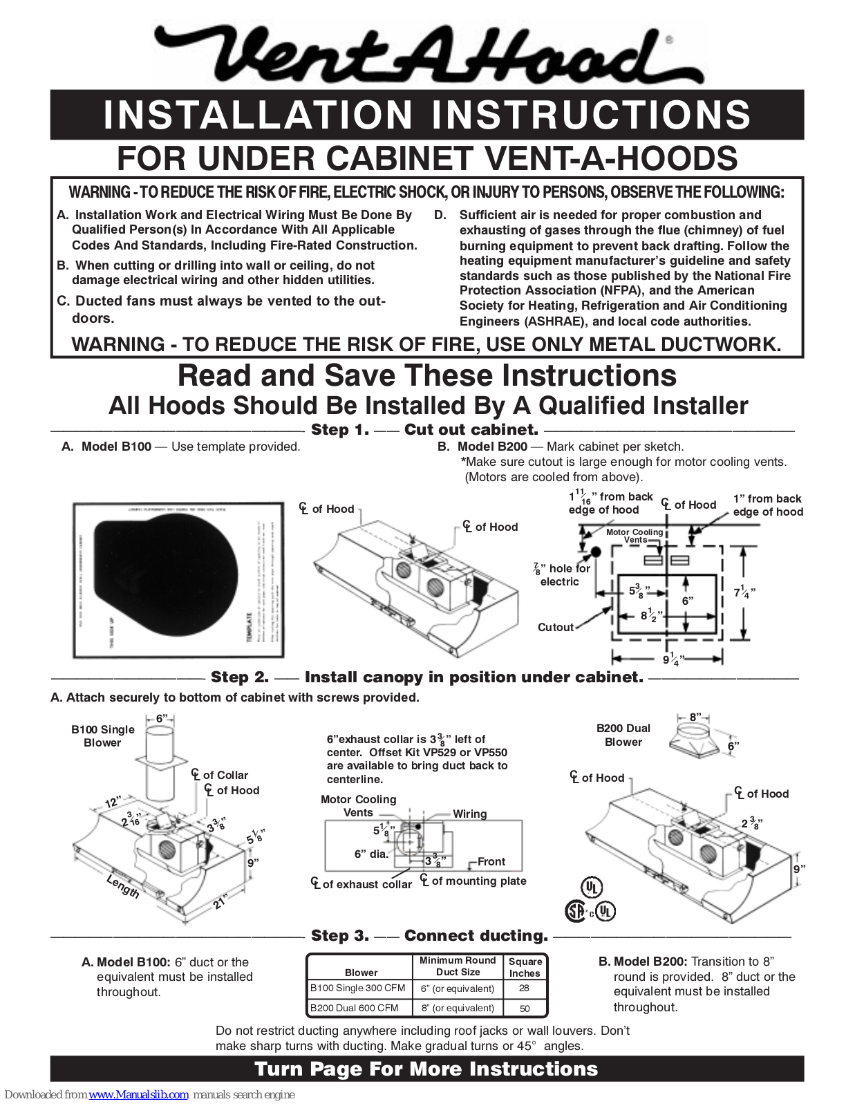 VentAHood B100 Single 300 CFM, B200 Dual 600 CFM Installation Instructions Manual