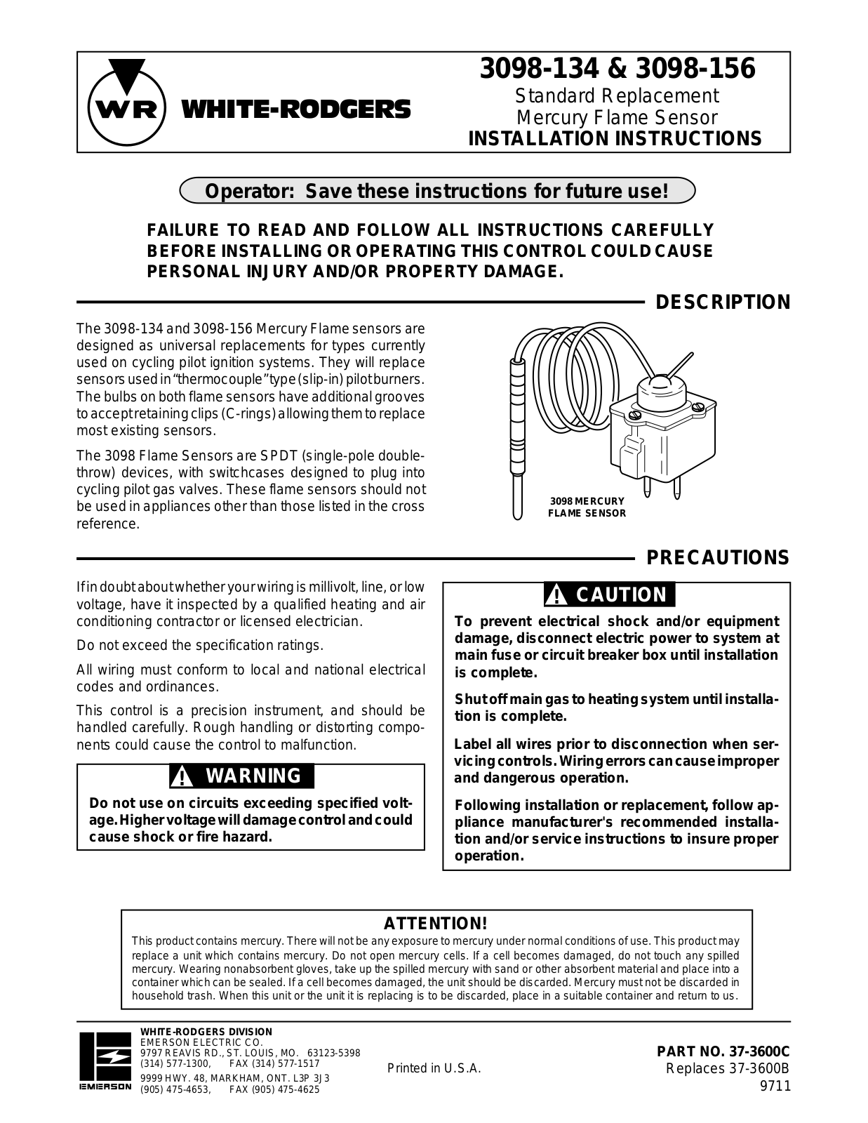 White Rodgers 3098-156, 3098-134 User Manual