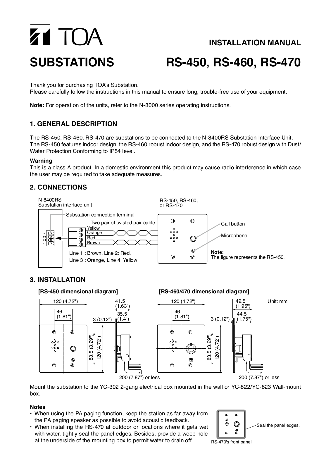 TOA RS-460, RS-450 Installation Guide