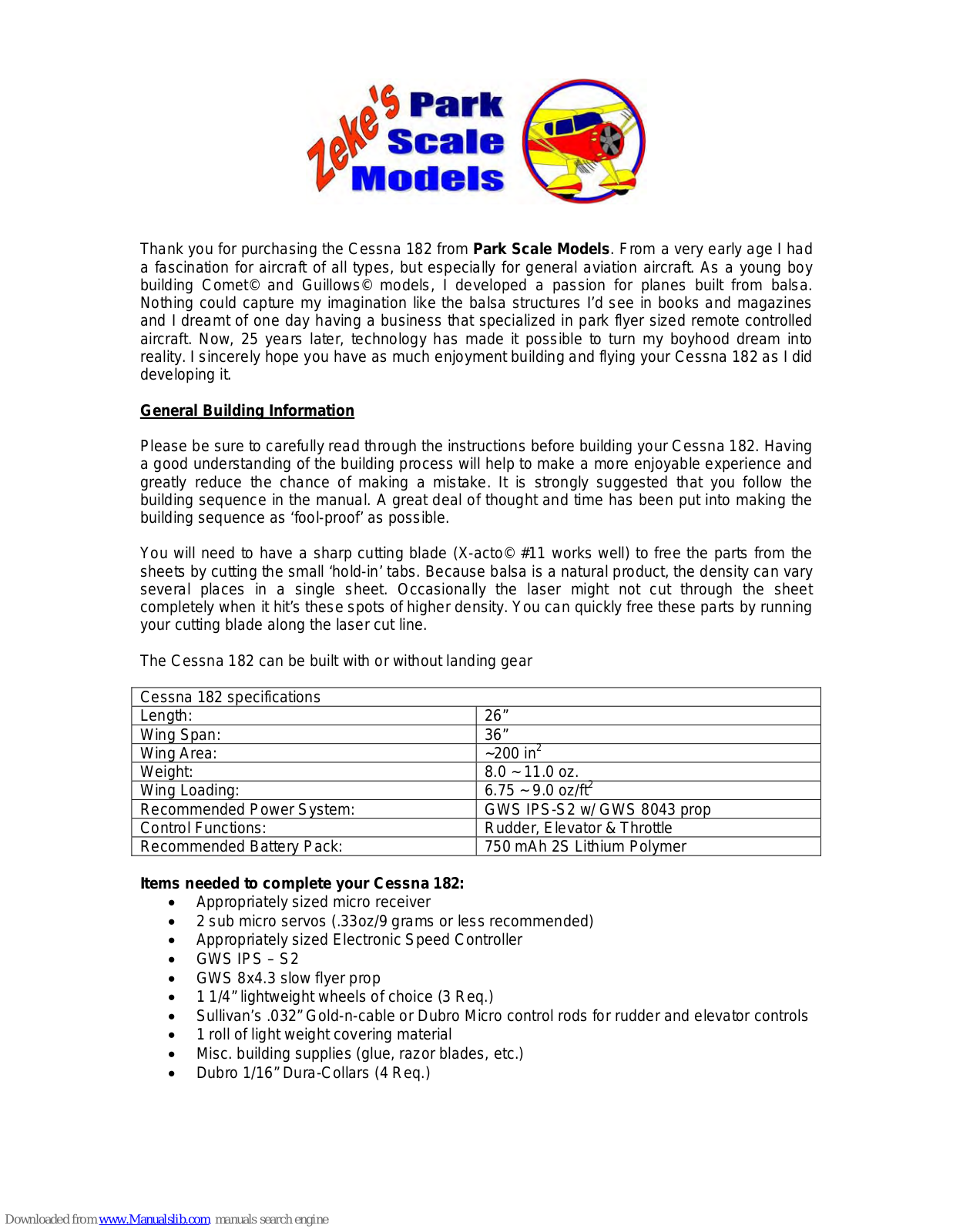 Park Scale Models Cessna 182, GA-C336 Assembly  Manual