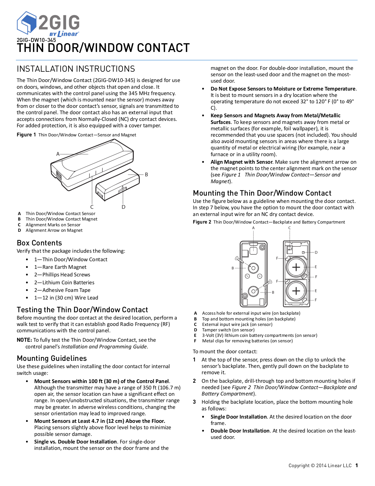 Linear 2GIG-DW10-345 Installation