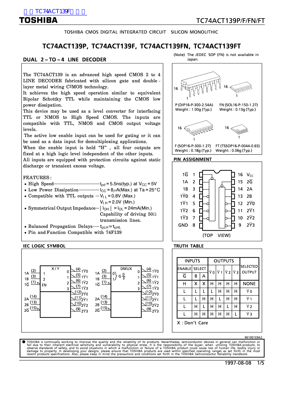 TOSHIBA TC74ACT139P, TC74ACT139F, TC74ACT139FN, TC74ACT139FT Technical data