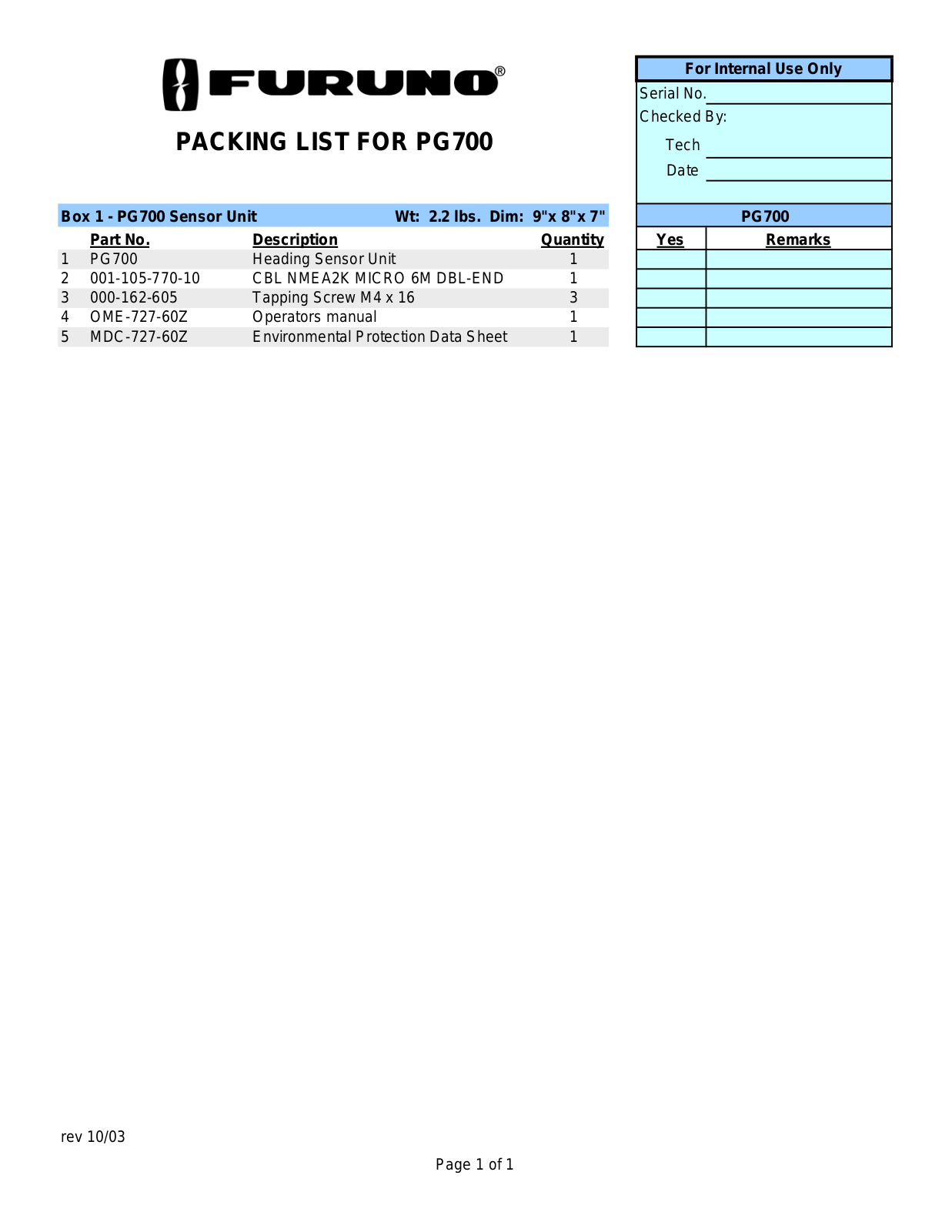 Furuno PG700 packing list