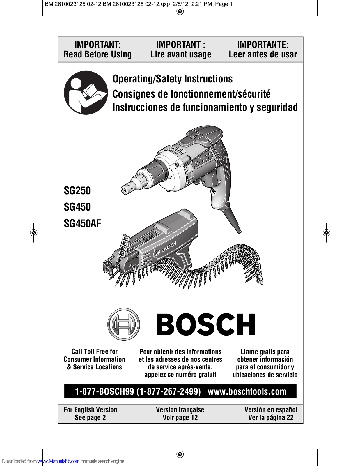 Bosch SG250, SG450, SG450AF Operating/safety Instructions Manual