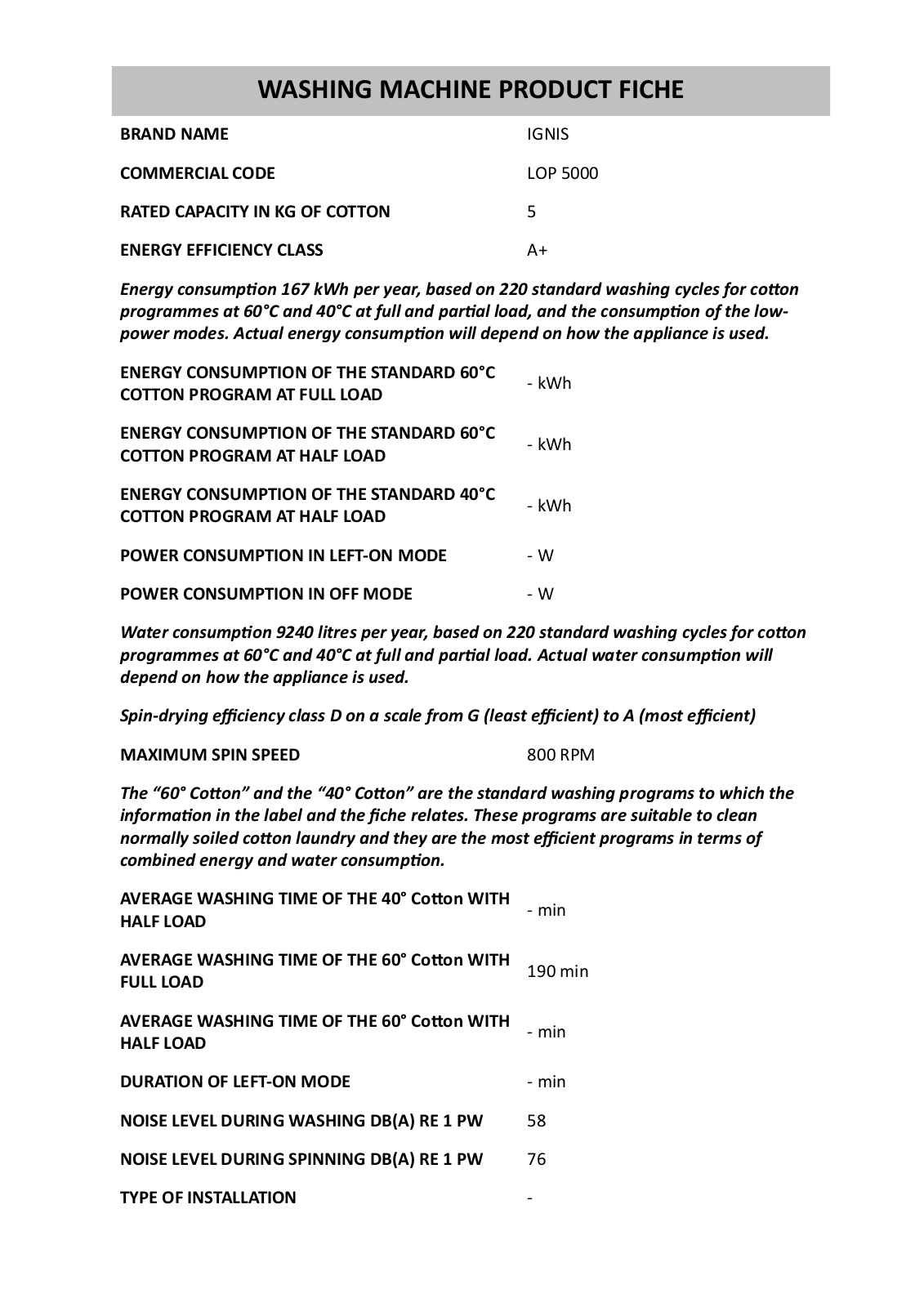 Whirlpool LOP 5000 Product Sheet