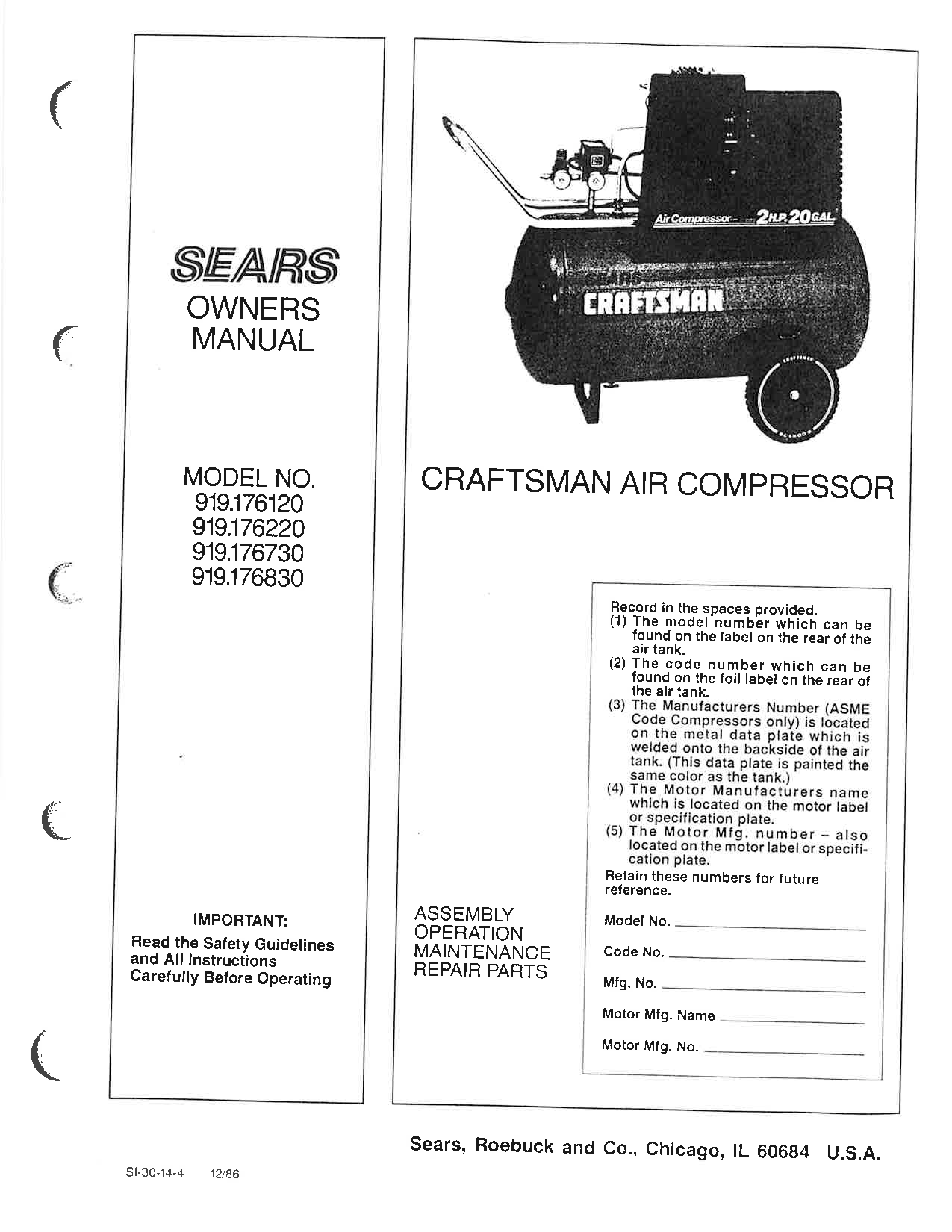 Craftsman 176830, 176730, 176220, 176120, 919 User Manual
