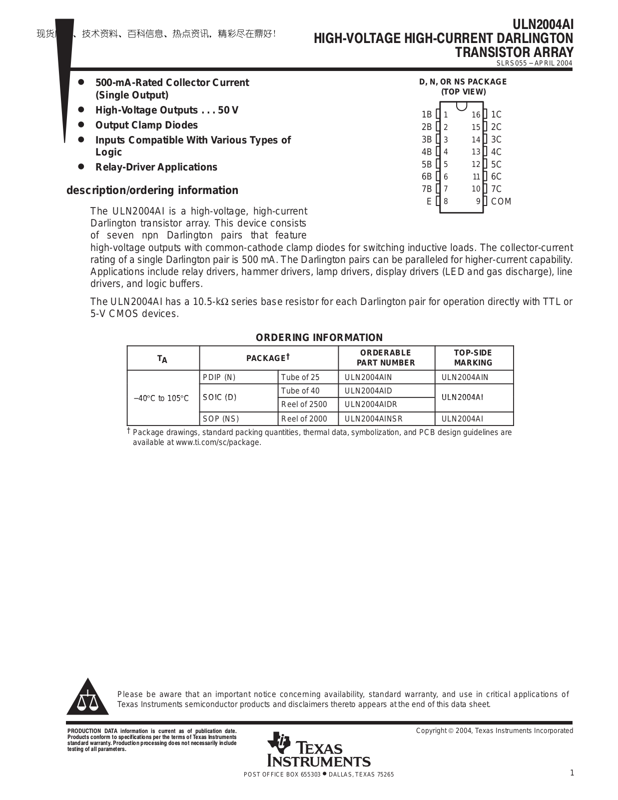 TEXAS INSTRUMENTS ULN2004AI Technical data