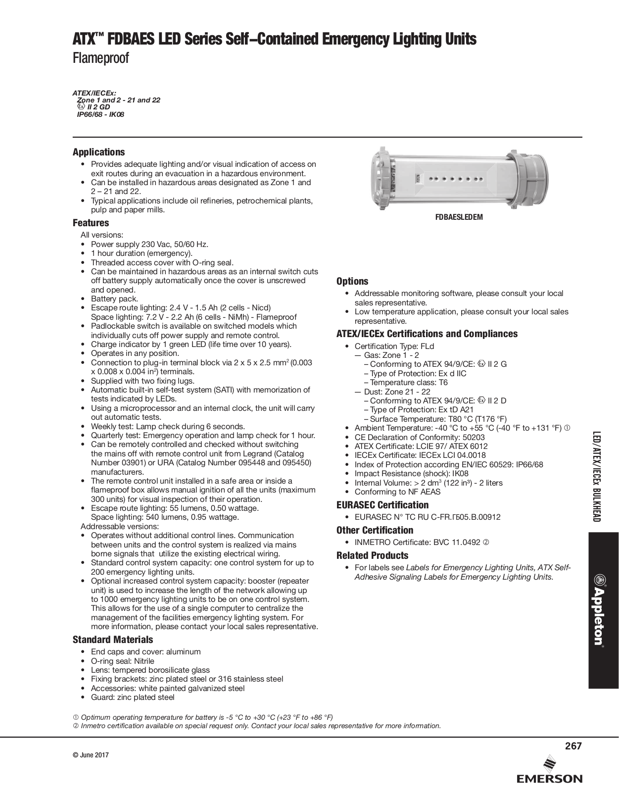 Appleton ATX™ FDBAES LED Series Self-Contained Emergency Lighting Units Catalog Page