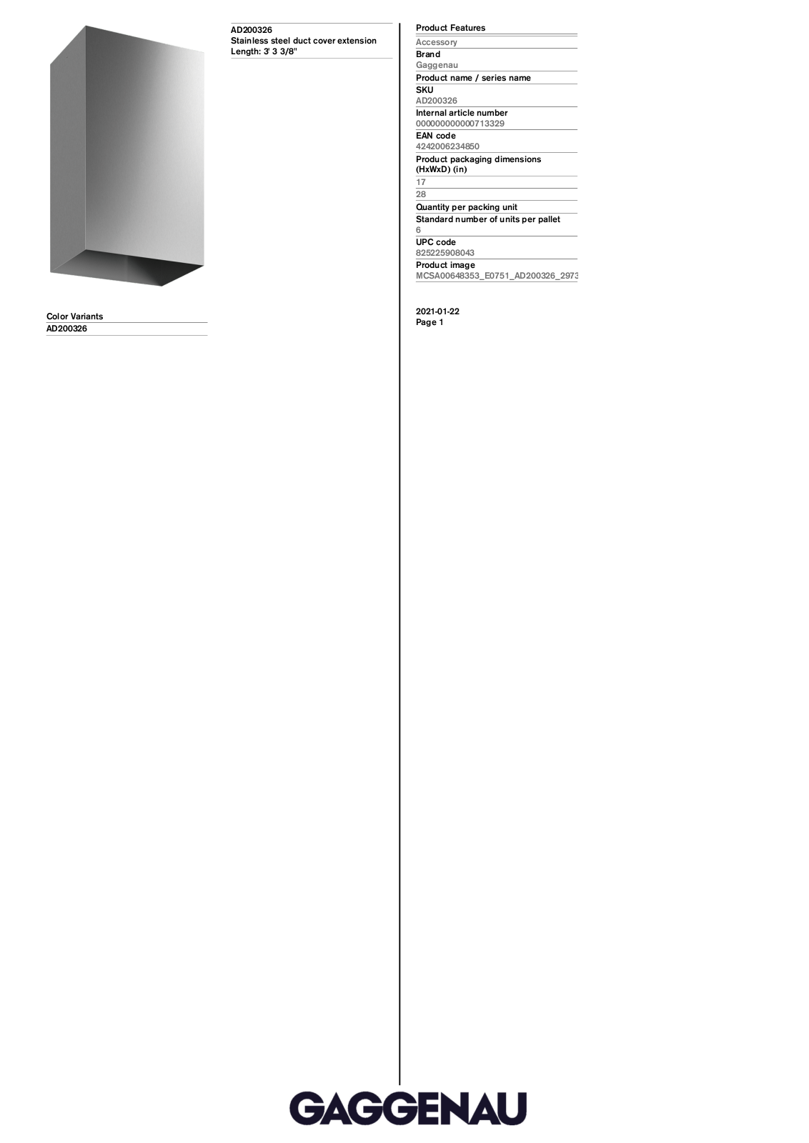 Gaggenau AD200326 Specification Sheet