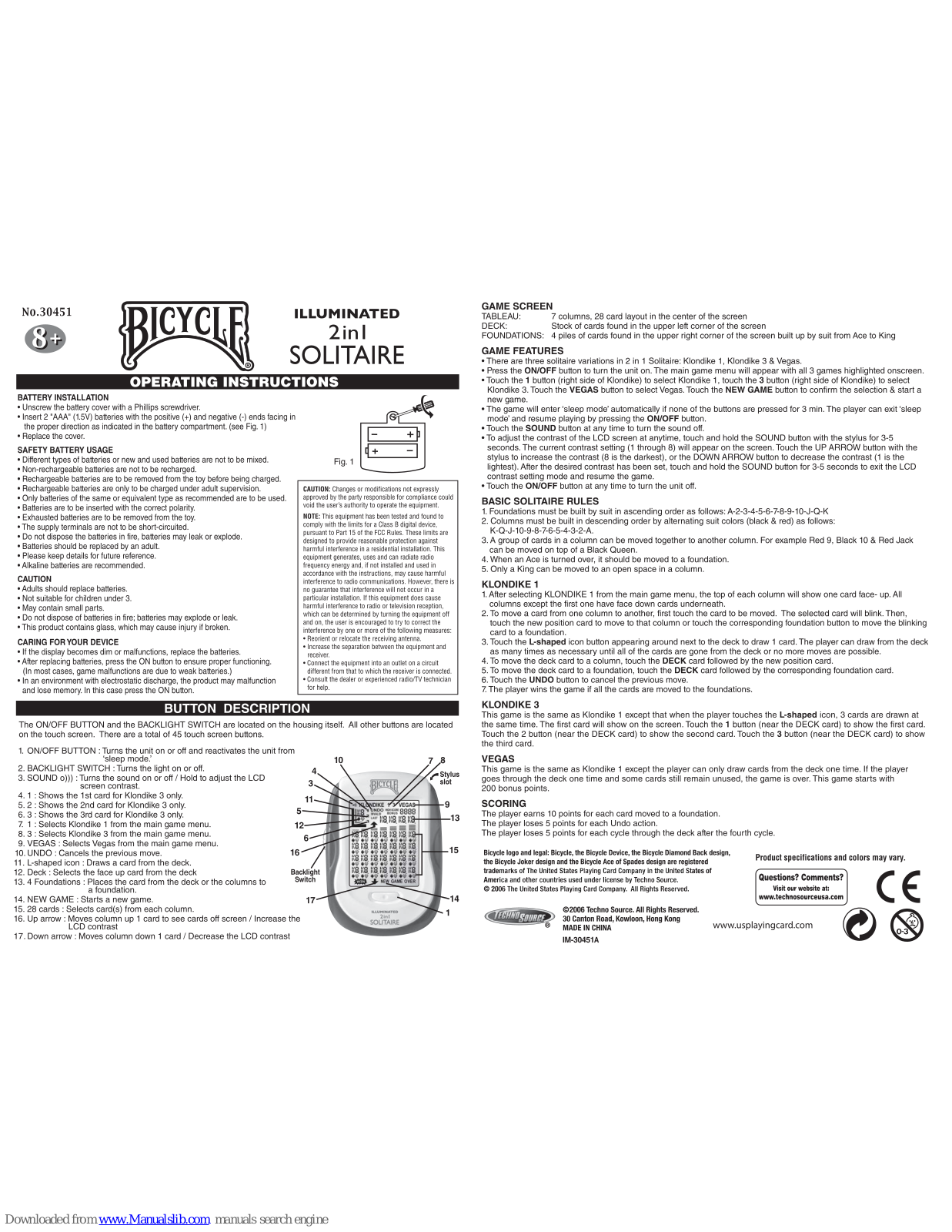 Techno Source Bicycle 30451, Bicycle Illuminated 2 in 1 Solitaire 30451 Operating Instructions Manual - ManualMachine.com