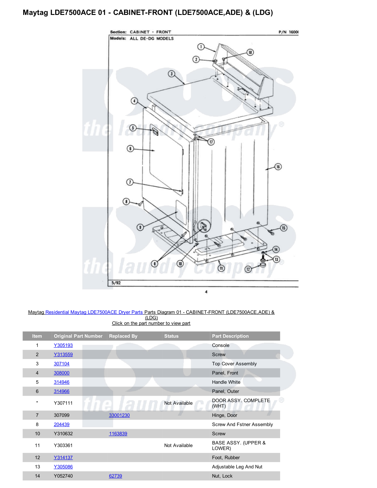 Maytag LDE7500ACE Parts Diagram