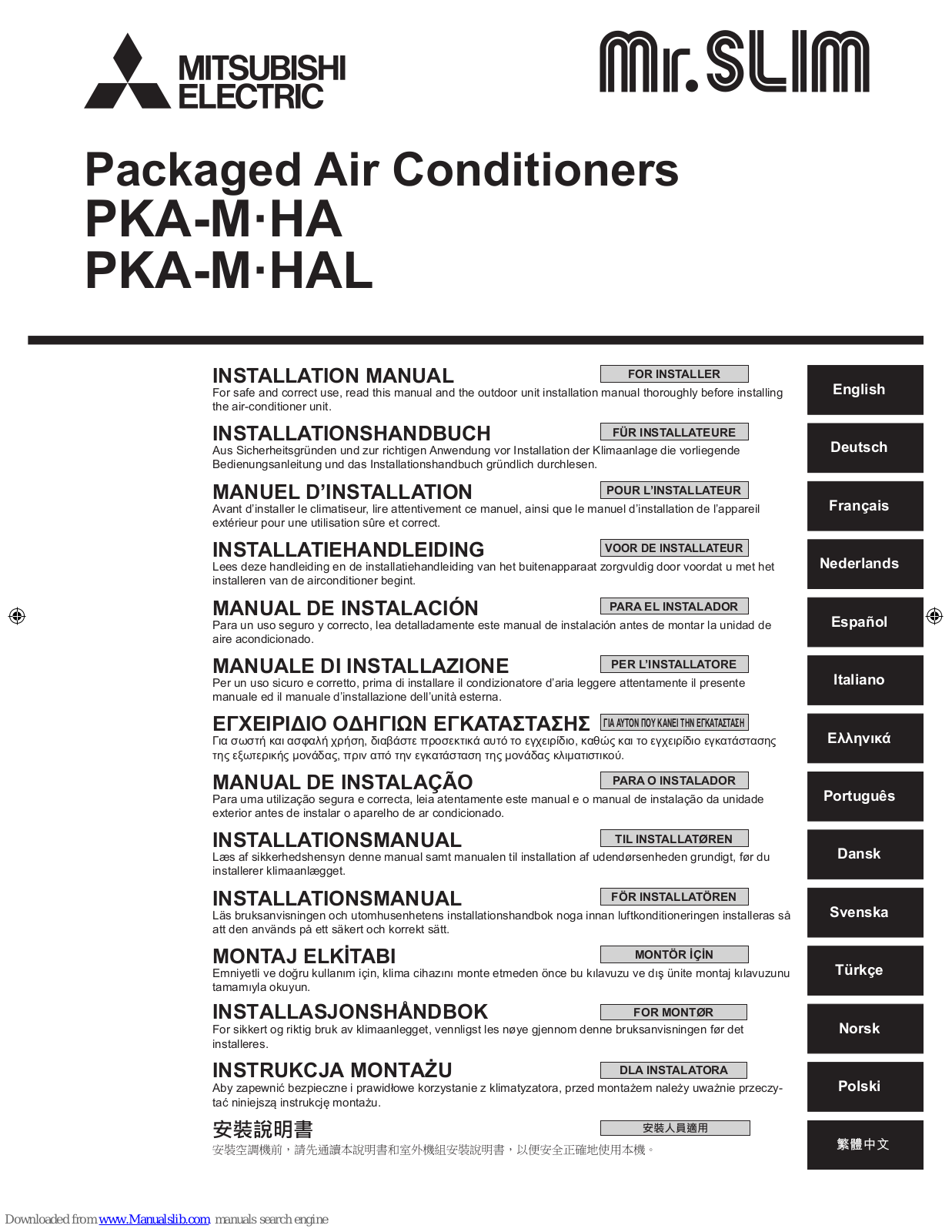 Mitsubishi Electric PKA-M-HA, PKA-M-HAL Installation Manual