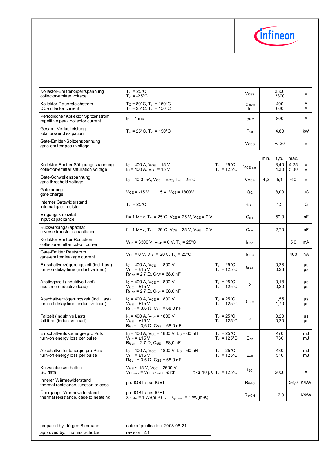 Infineon FD400R33KF2C-K Data Sheet