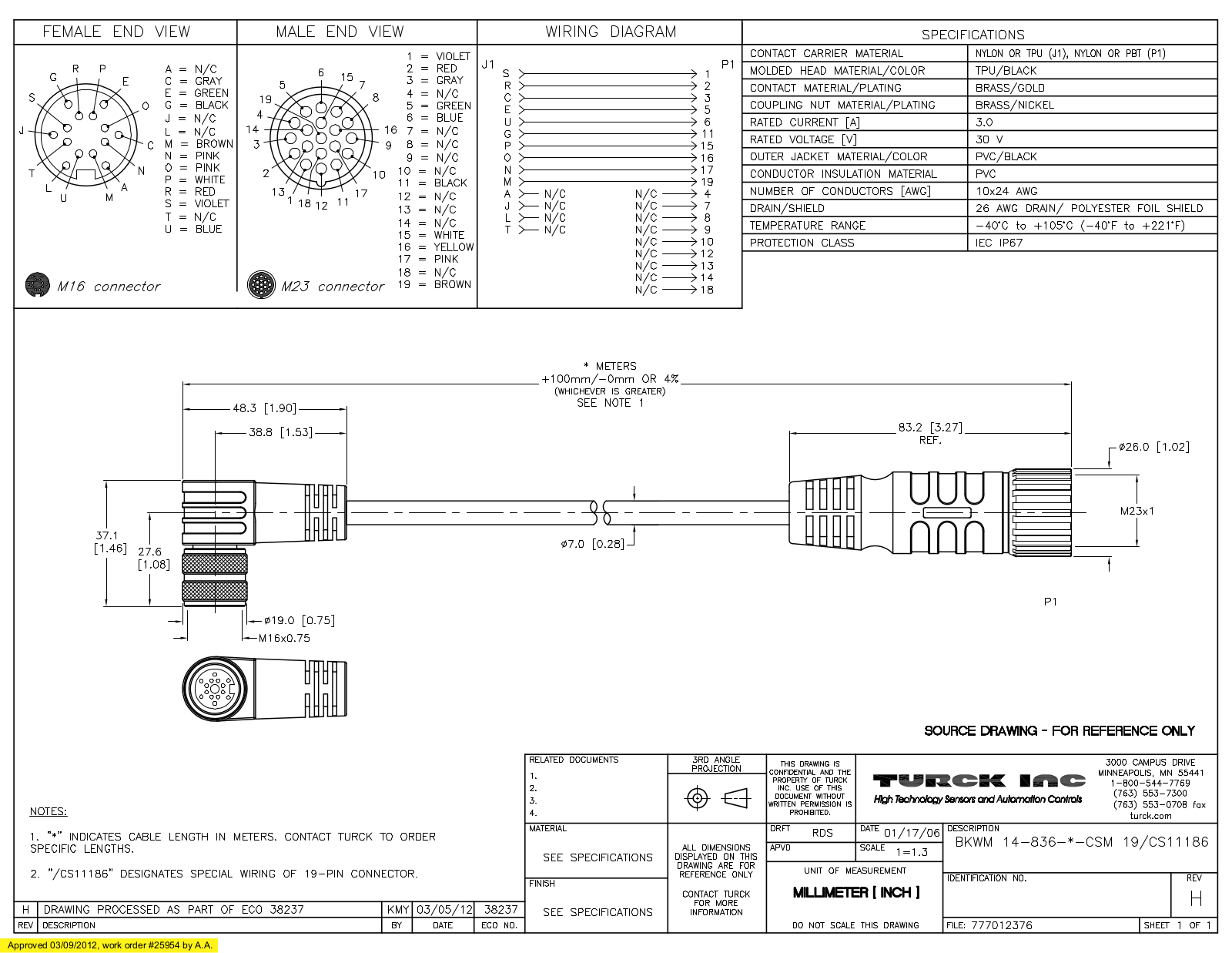 Turck BKWM14-836-1-CSM19CS11186 Specification Sheet