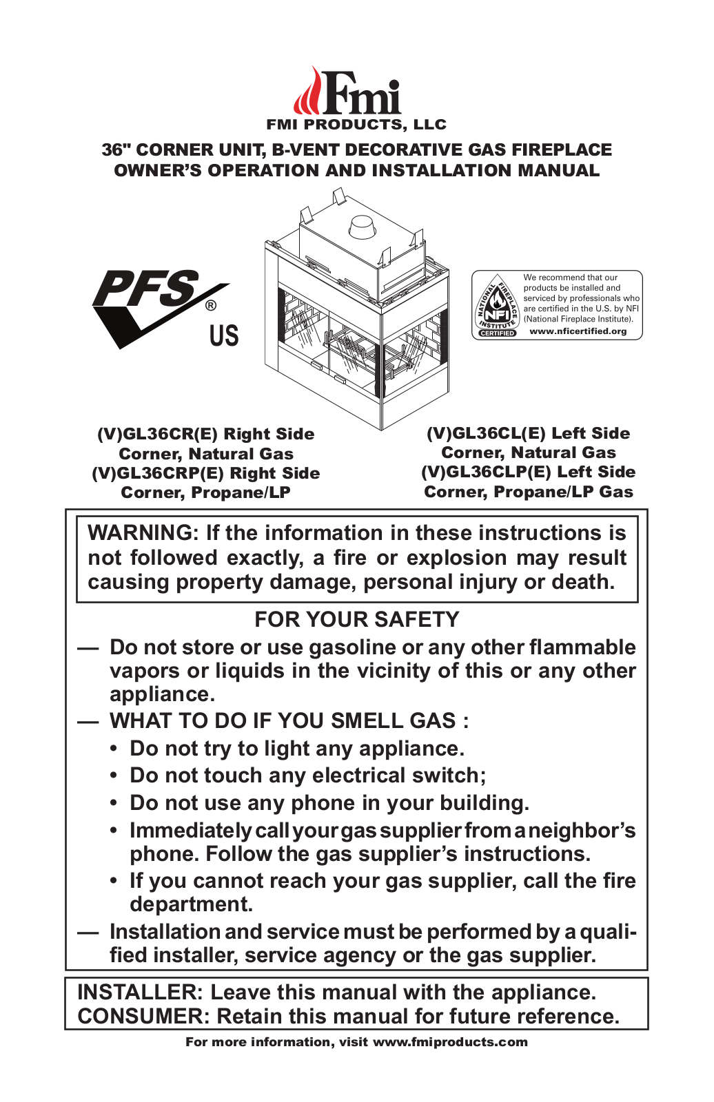 FMI (V)GL36CR(E), (V)gl36cl(e), V)gl36crp(e), (V)gl36clp(e), GL36CL Owner's Operation And Installation Manual