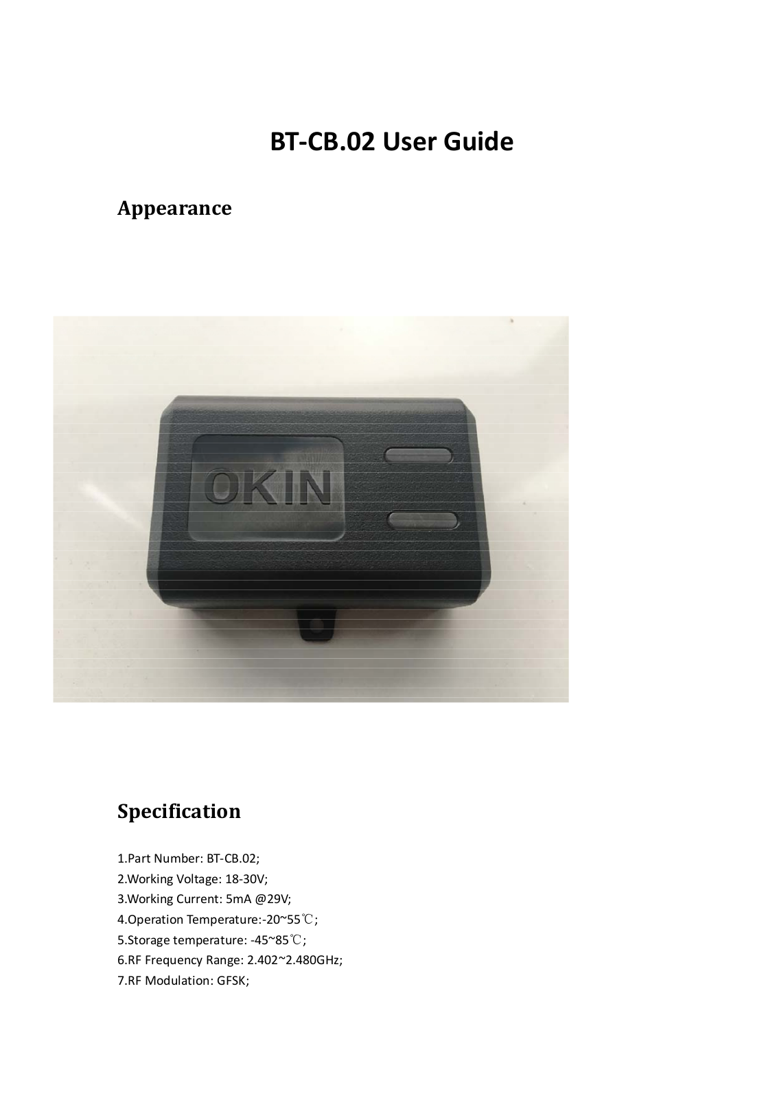 OKIN Refined Electric Technology BTCB02 Users manual