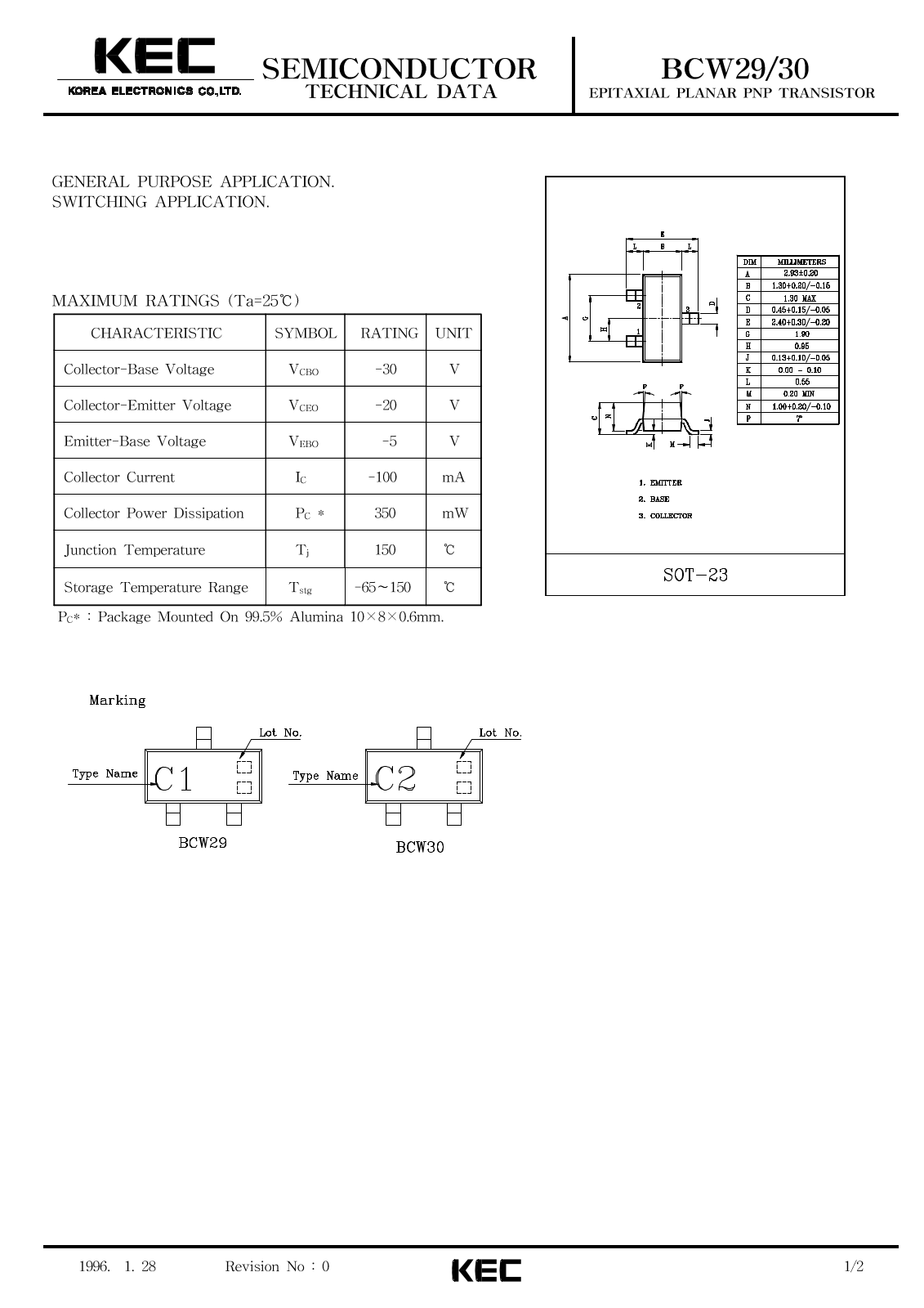 Korea Electronics Co  Ltd BCW30, BCW29 Datasheet