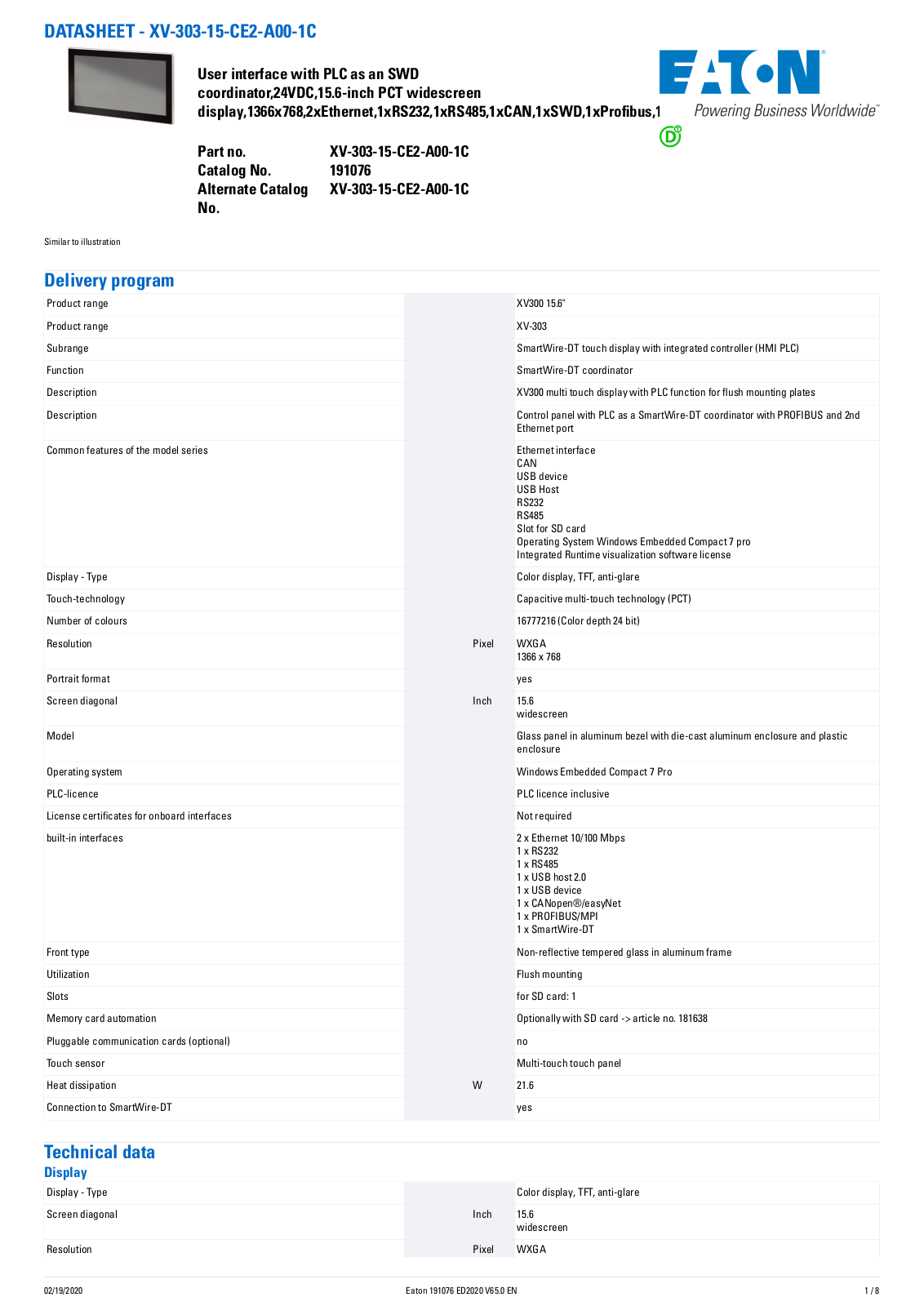 Cutler Hammer, Div of Eaton Corp XV-303-15-CE2-A00-1C Data Sheet