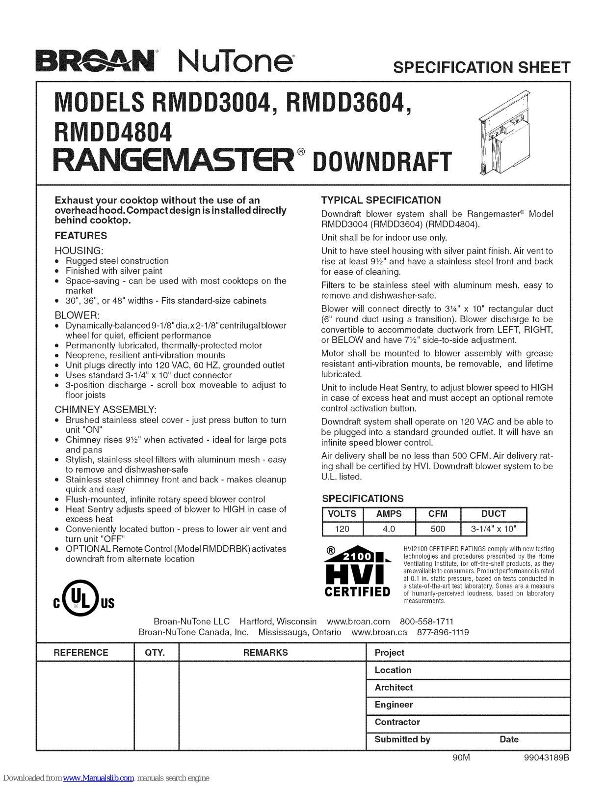 Broan NuTone RANGEMASTER SRIVIDD3O04, NuTone RANGEMASTER RIVIDD4804, NuTone RANGEMASTER RIVIDD3604 Specification Sheet - ManualMachine.com