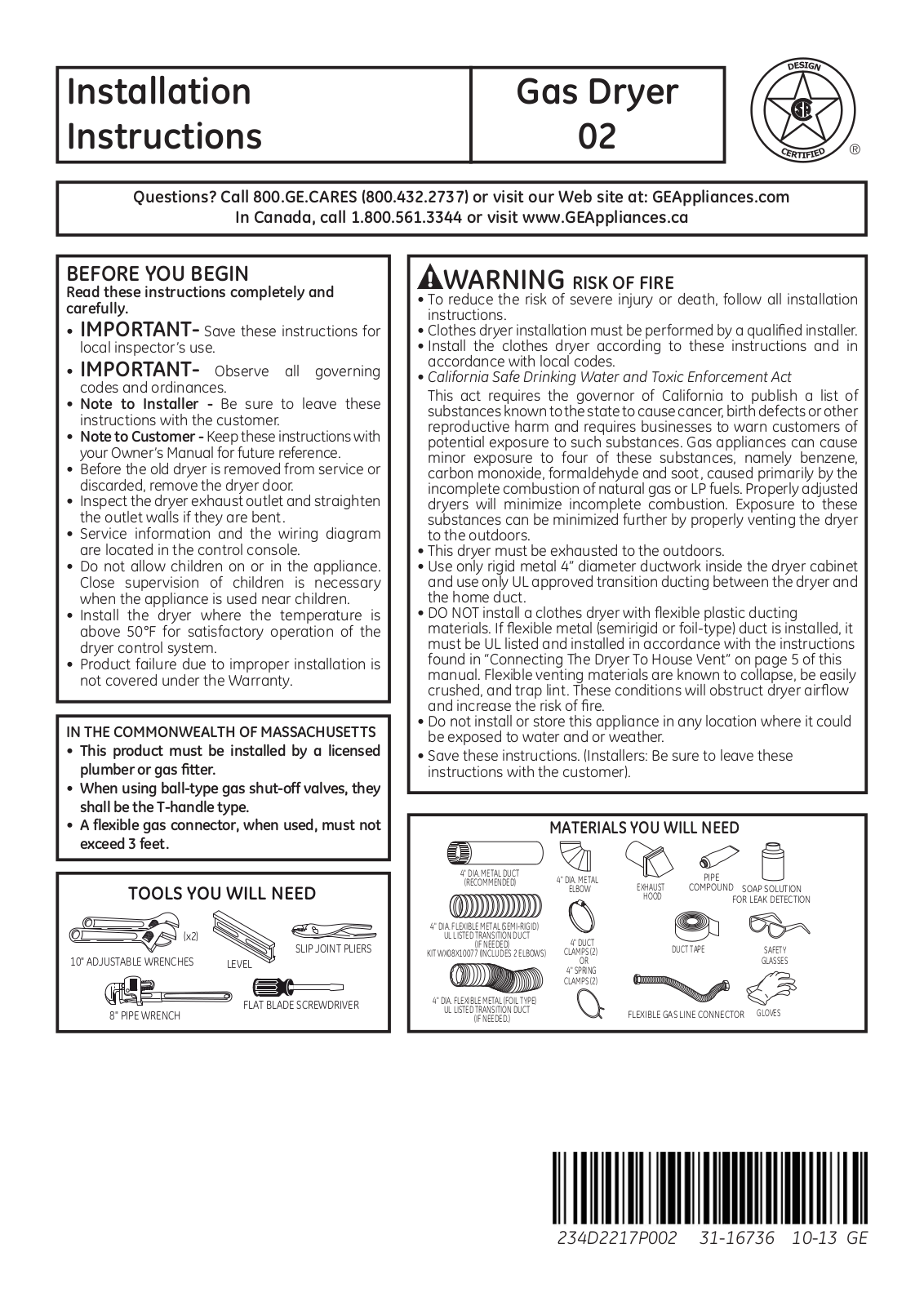 GE GTDL210GDWW User Manual