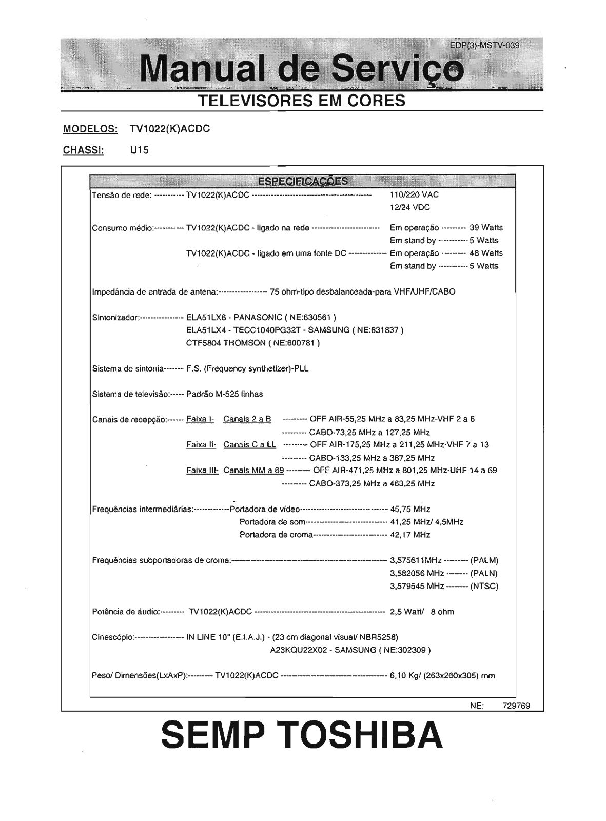 Toshiba TV1022, U15 Service Manual