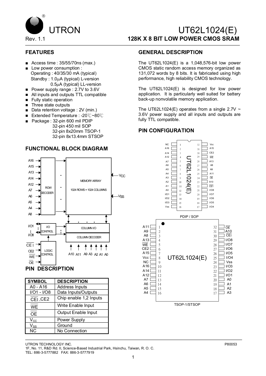 UTRON UT62L1024SC-70LLE, UT62L1024SC-70LE, UT62L1024SC-55LLE, UT62L1024SC-55LE, UT62L1024SC-35LLE Datasheet