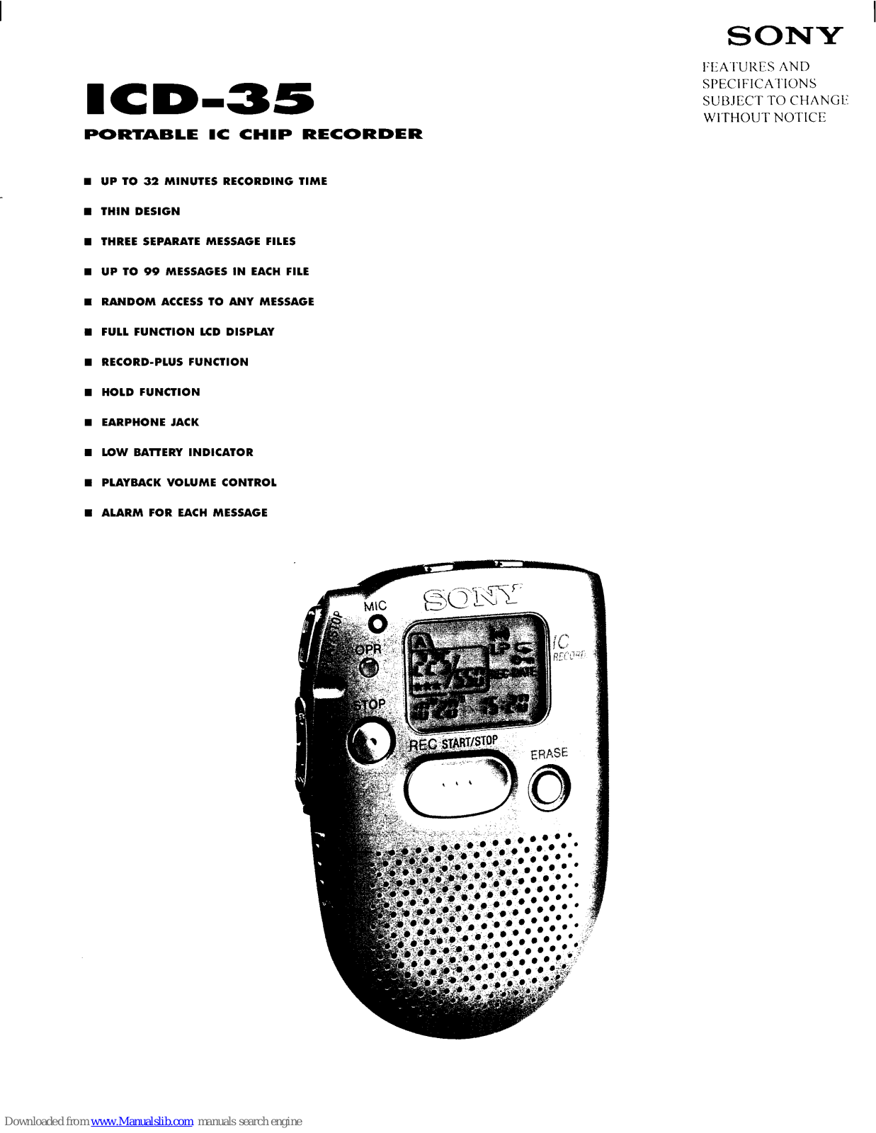 Sony ICD-35 - Ic Recorder,ICD-35 Specifications