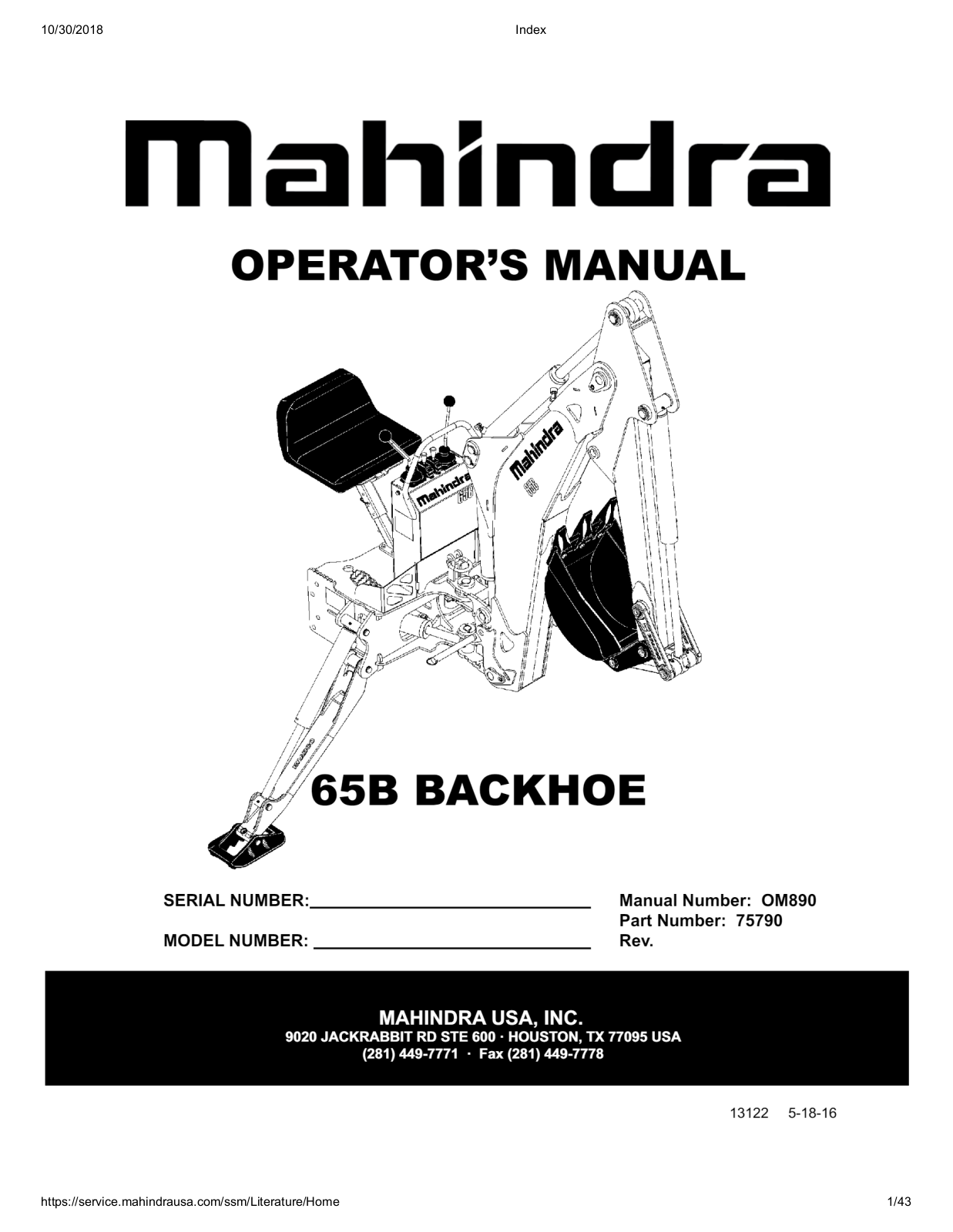 MAHINDRA 65B Operator Manual