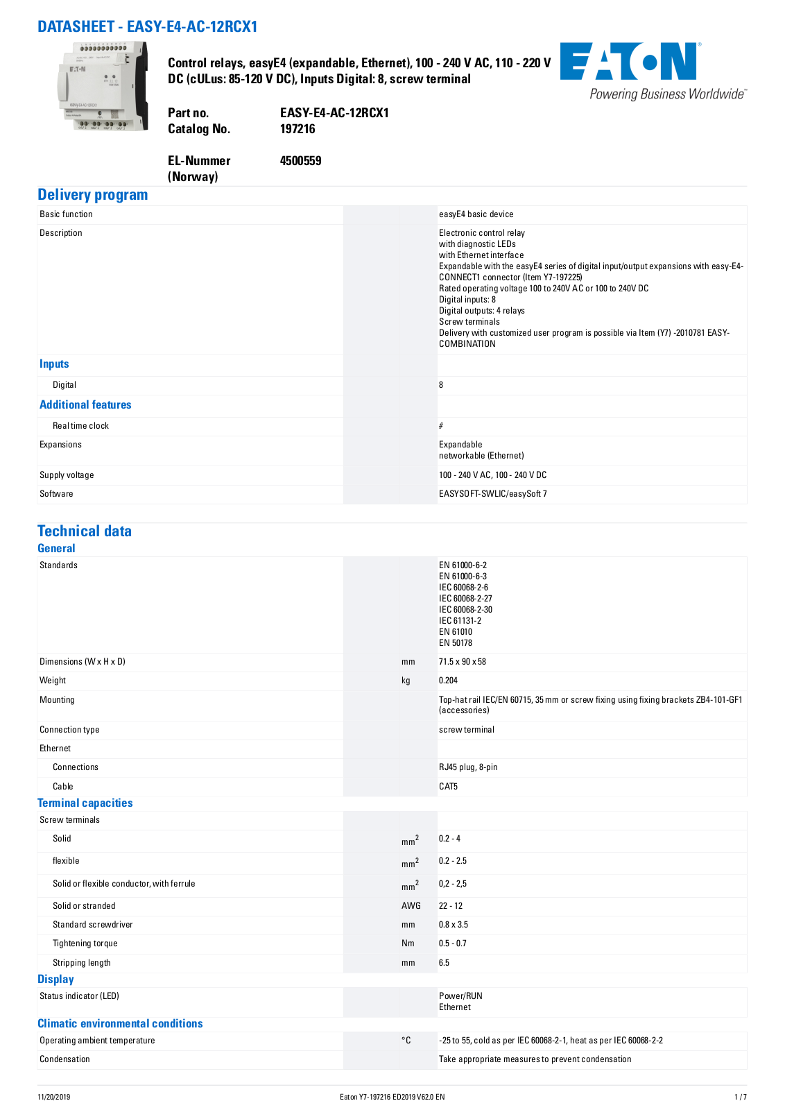 Cutler Hammer, Div of Eaton Corp EASY-E4-AC-12RCX1 Data Sheet