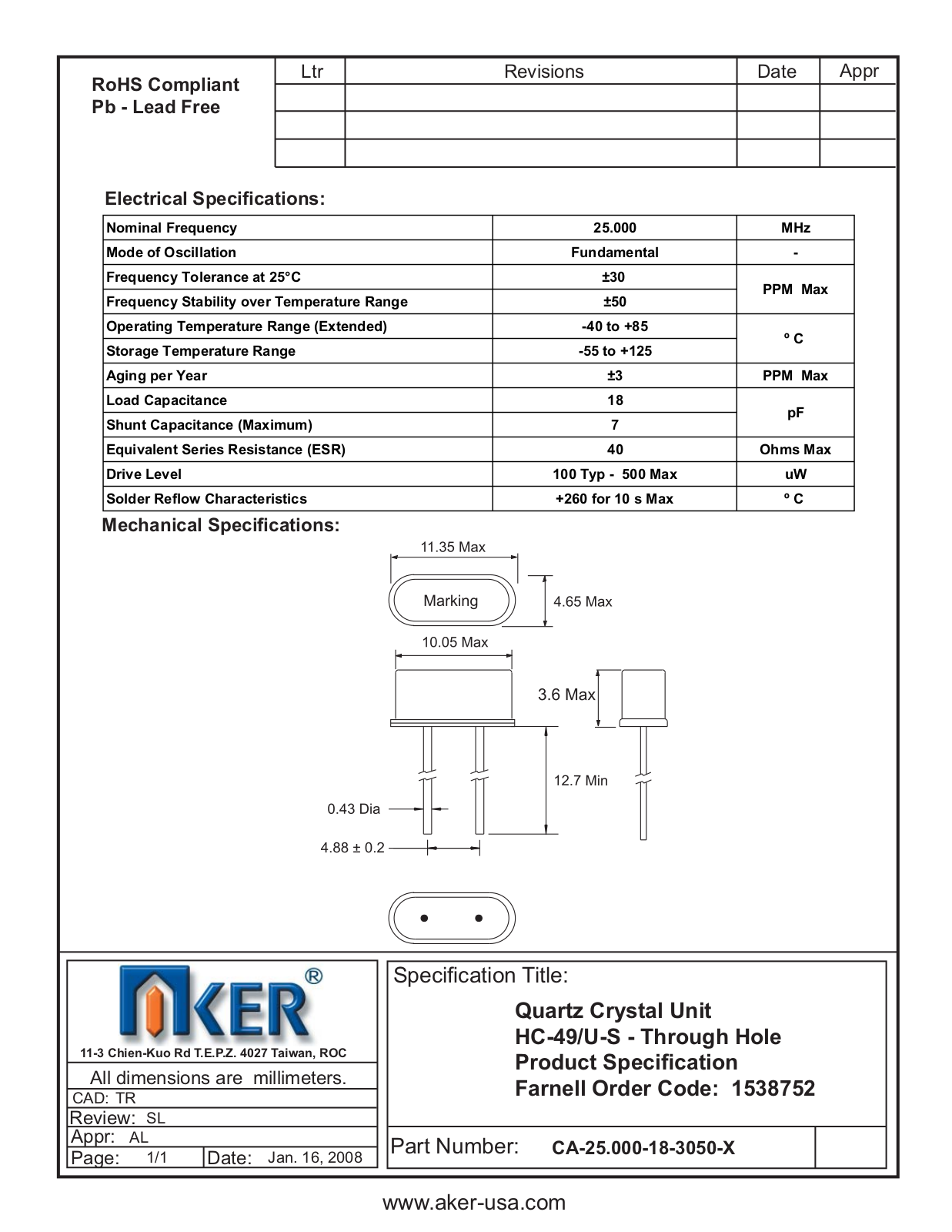 Datasheet CA-25.000-18-3050-X Datasheet (AKER) - ManualMachine.com