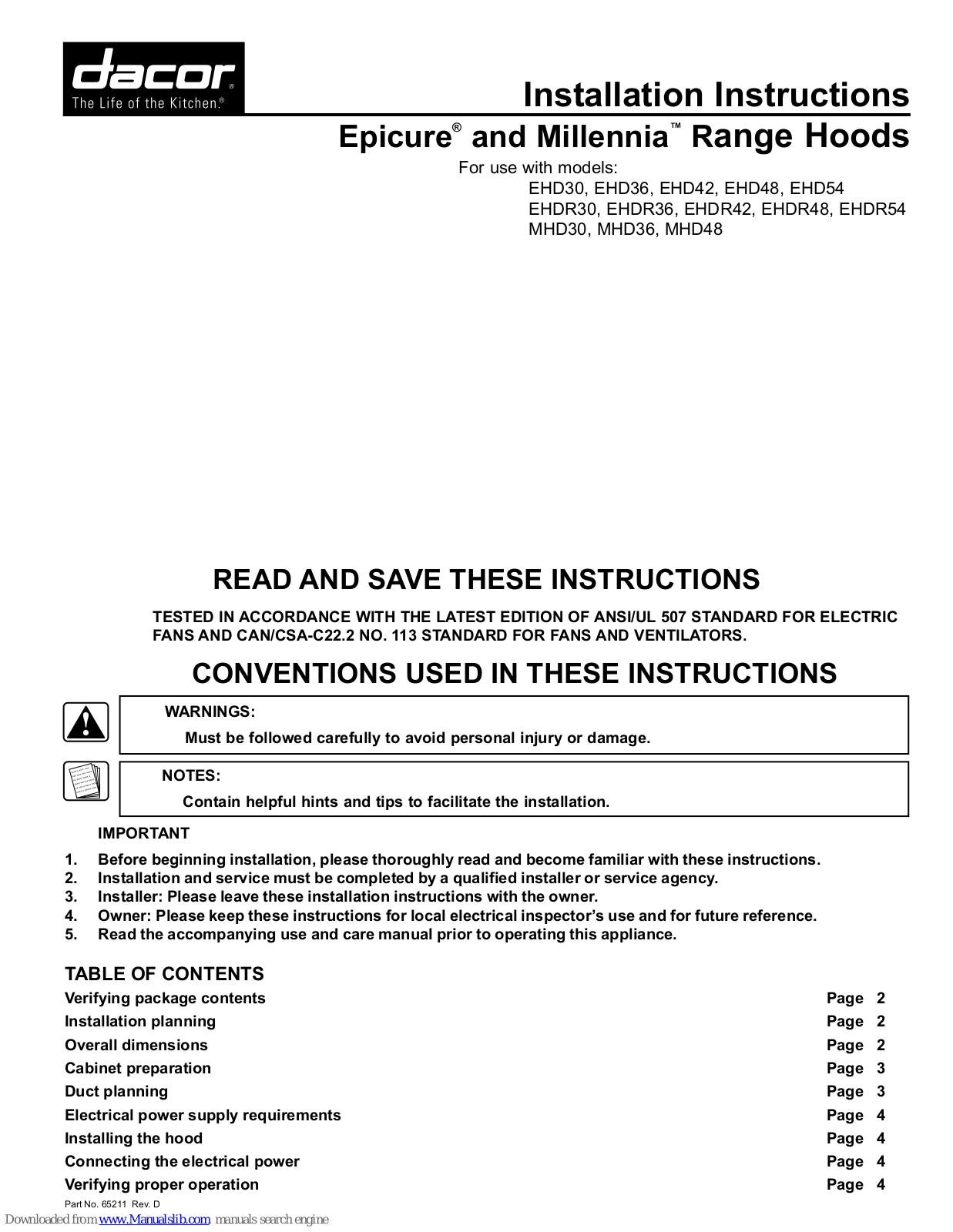 Dacor EHD48, EHD30, EHD36, EHD42, EHD54 Installation Instructions Manual