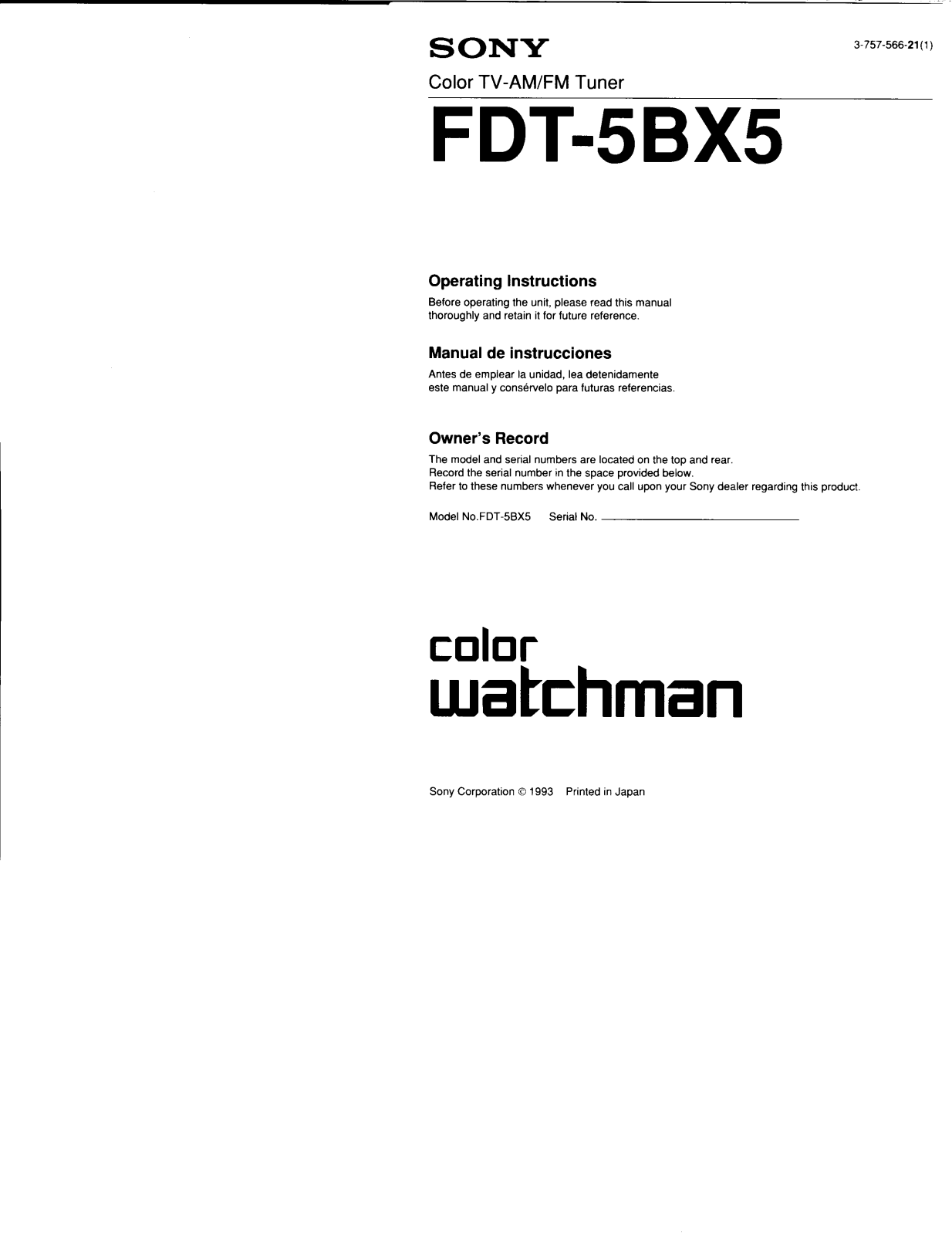 Sony FDT5BX5 Operating Manual