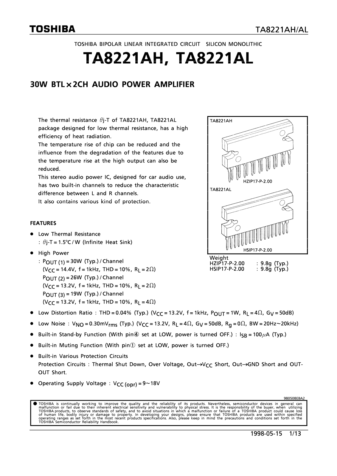 Datasheet TA8221AH, TA8221AL Specification - ManualMachine.com