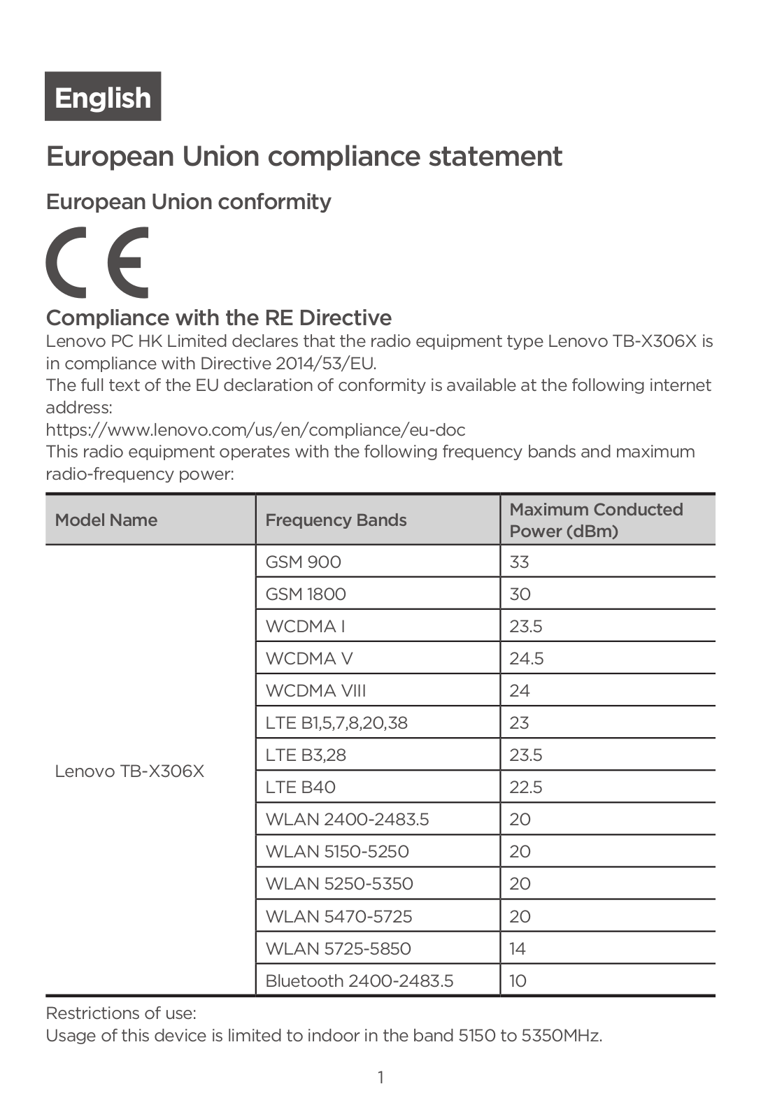 Lenovo X306X-TB compliance statement