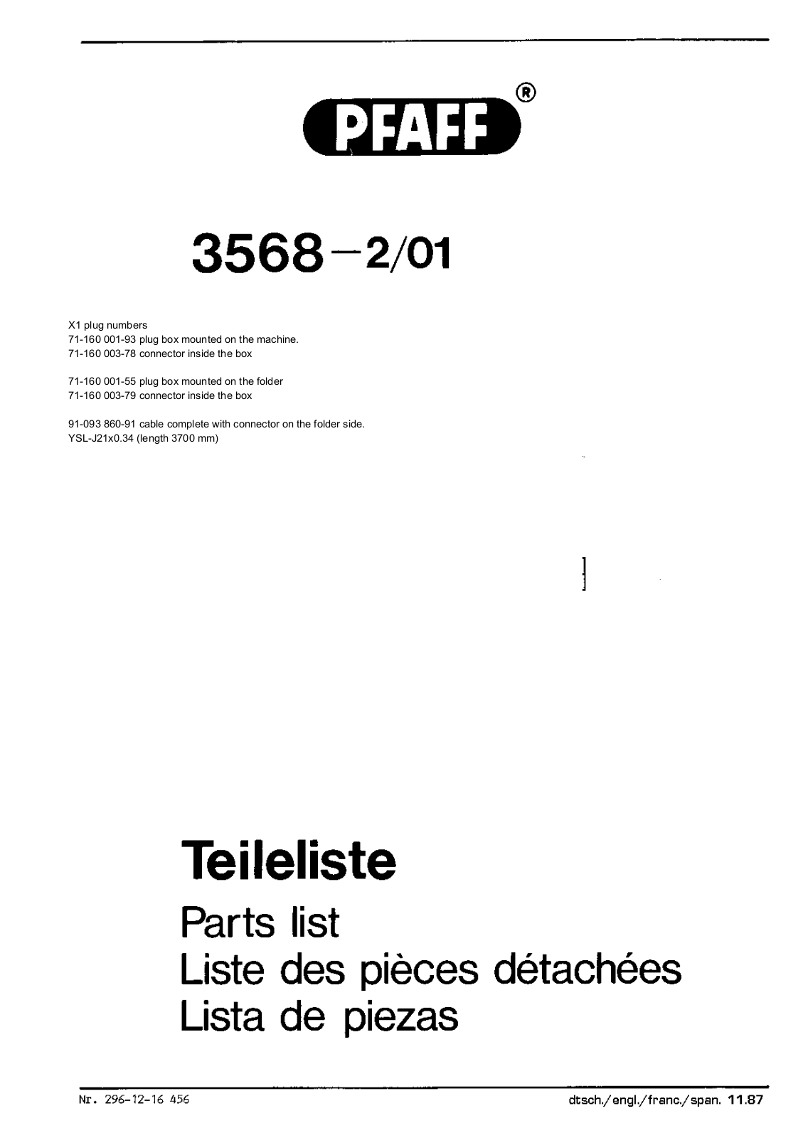 Pfaff 3568-2/01 Parts List