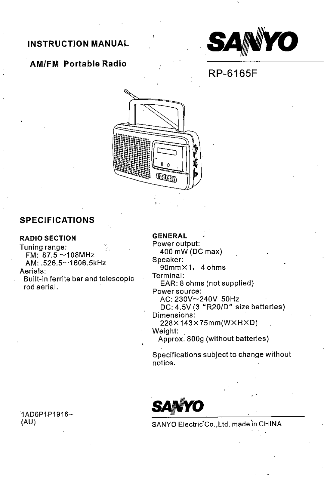 Sanyo RP-6165F User Manual