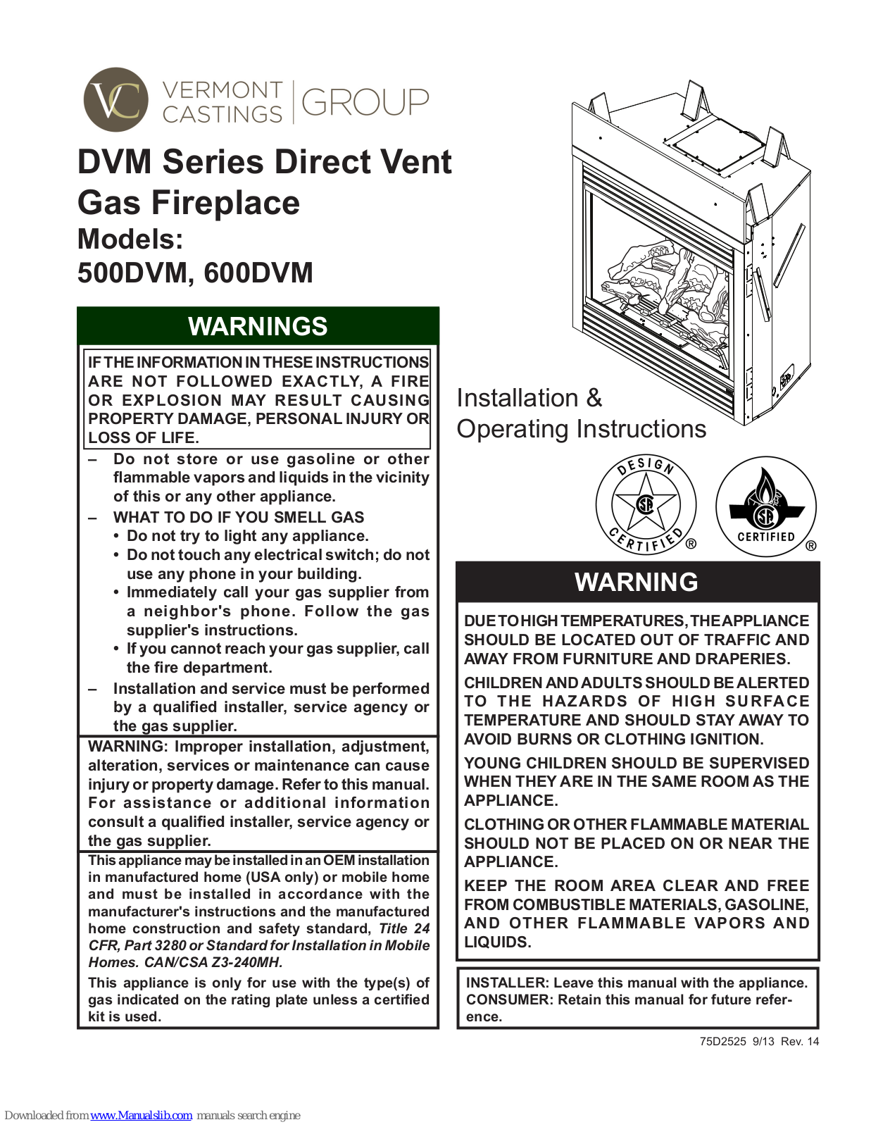 Vermont Castings 500DVM, 600DVM Installation & Operating Instructions Manual