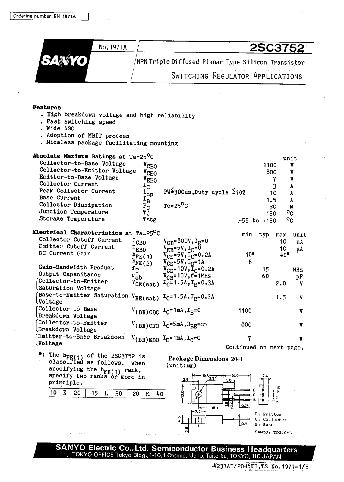 SANYO 2SC3752 Datasheet