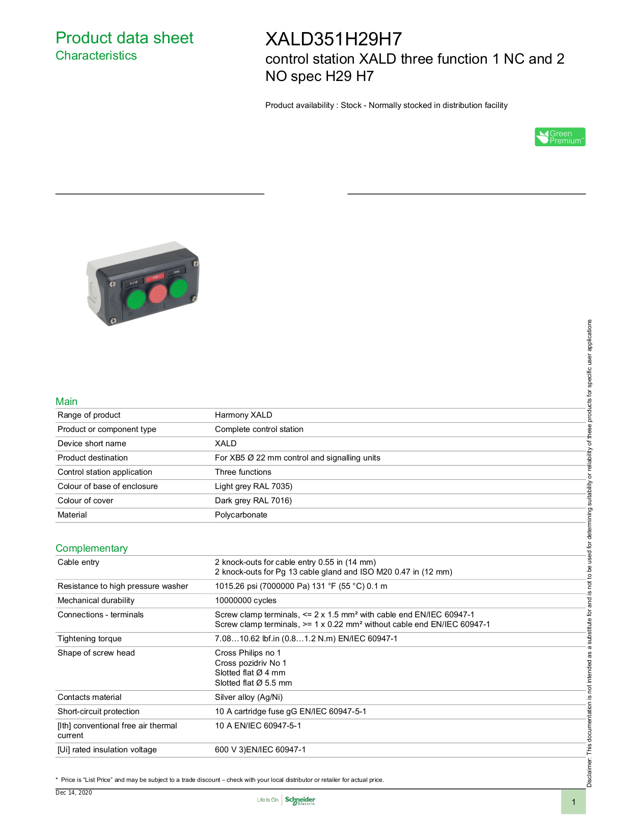 Square D XALD351H29H7 Data Sheet