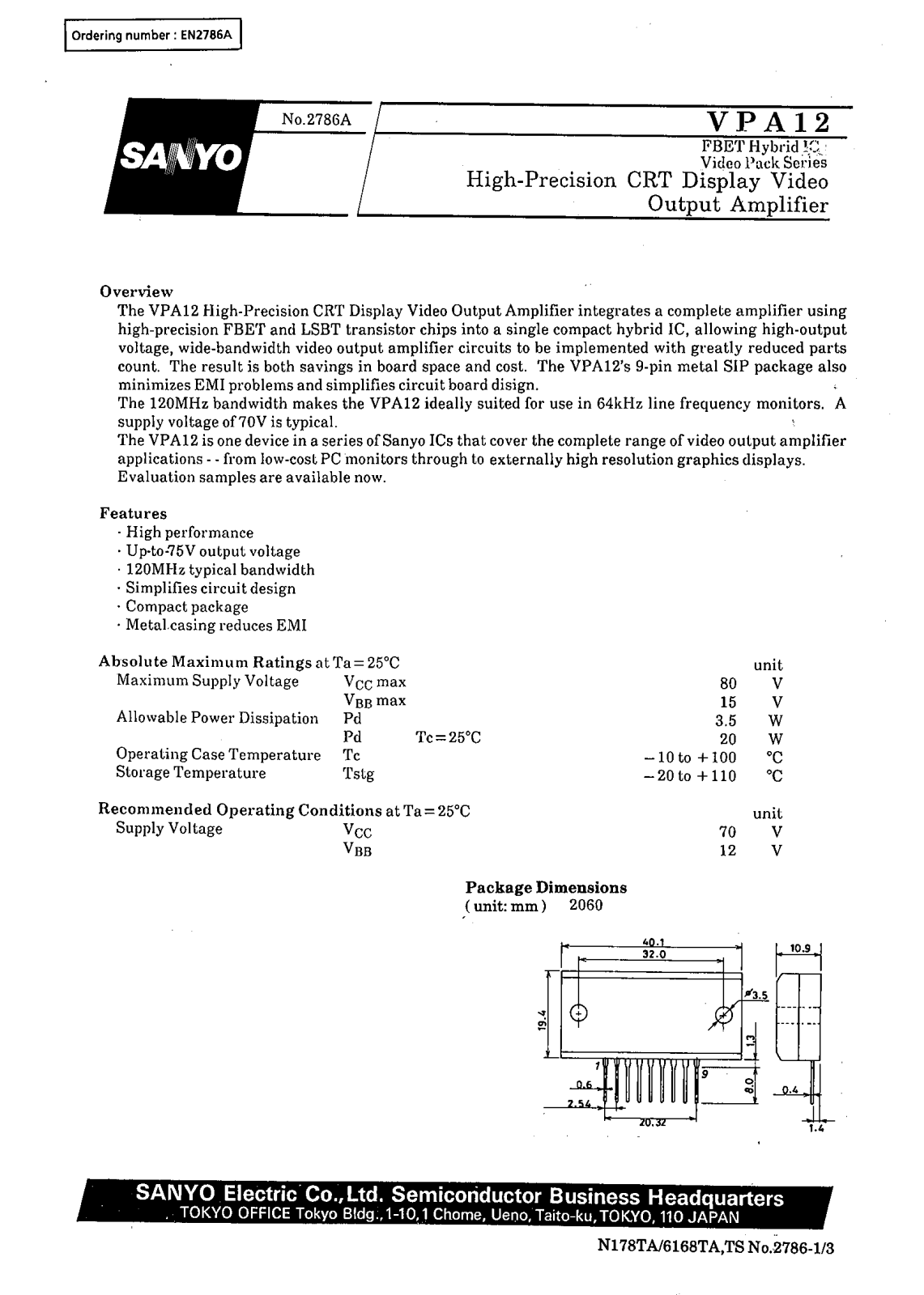 SANYO VPA12 Datasheet