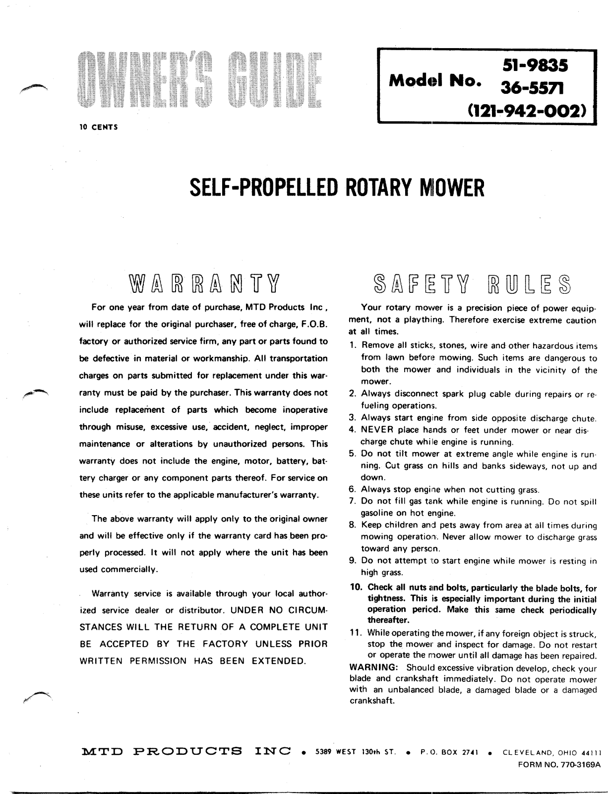 MTD 51-9835, 121-942-002, 36-5571 User Manual