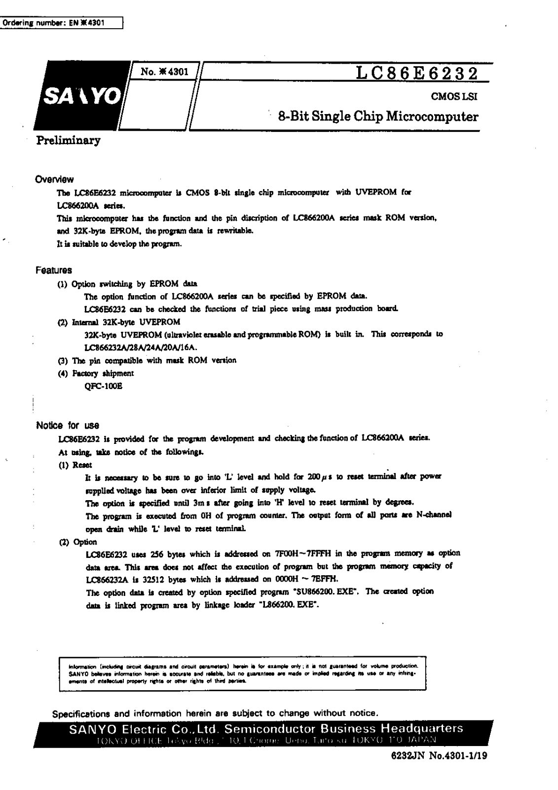 SANYO LC86E6232 Datasheet