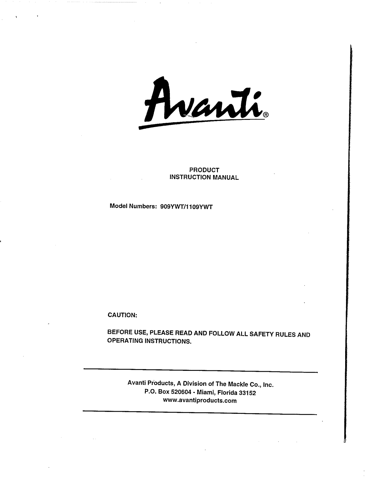 Avanti 909YWT User Manual