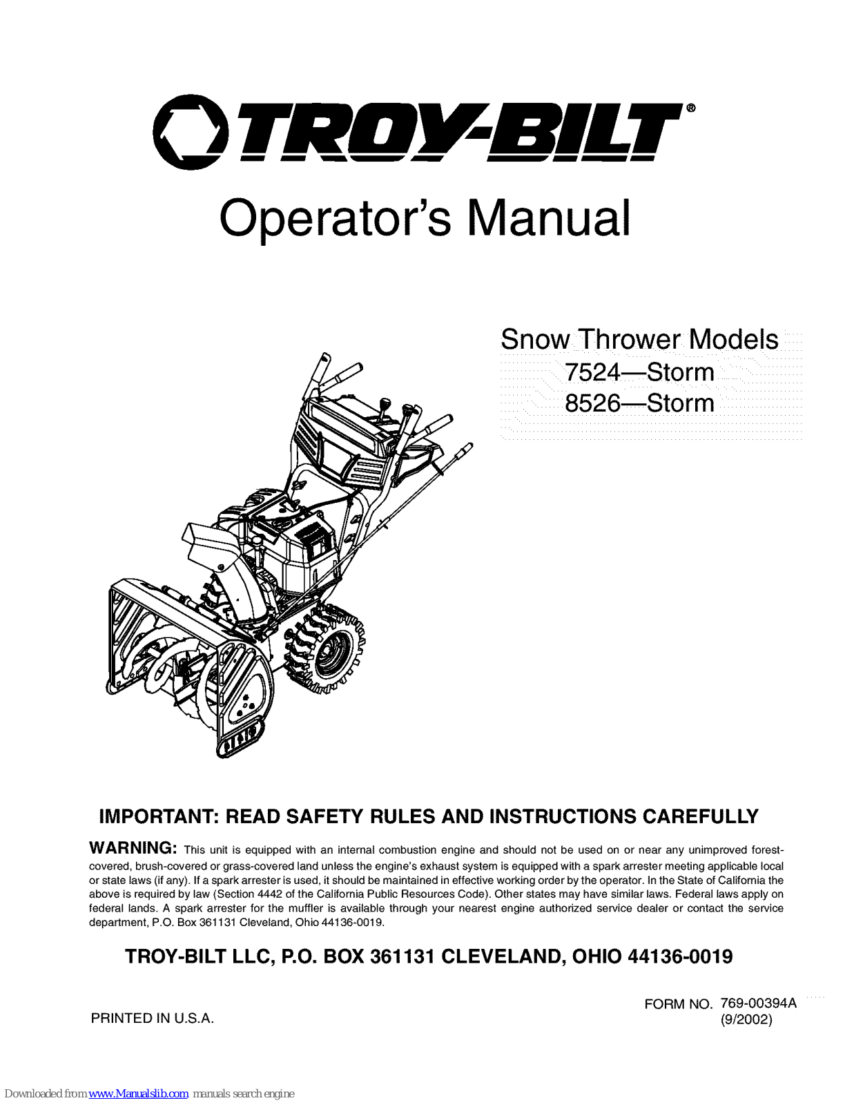 Troy-Bilt 8526, Storm 7524, Storm 8526, 7524-Storm, 8526-Storm Operator's Manual - ManualMachine.com