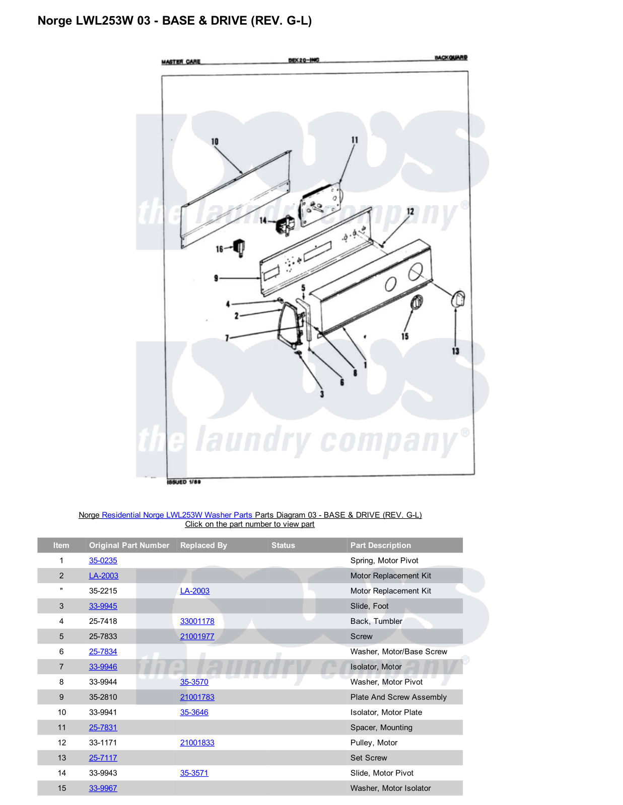 Norge LWL253W Parts Diagram