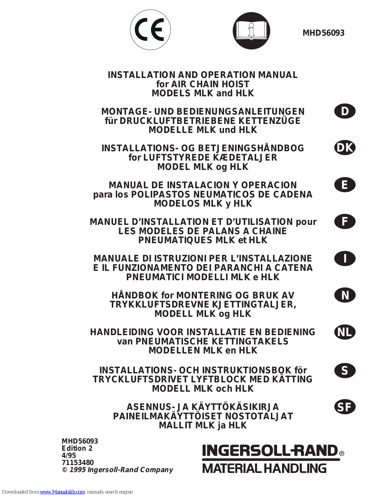 Ingersoll-Rand ML250KR-E, ML250K-E, ML250KS-E, ML500KS-E, ML500K-E Installation And Operation Manual