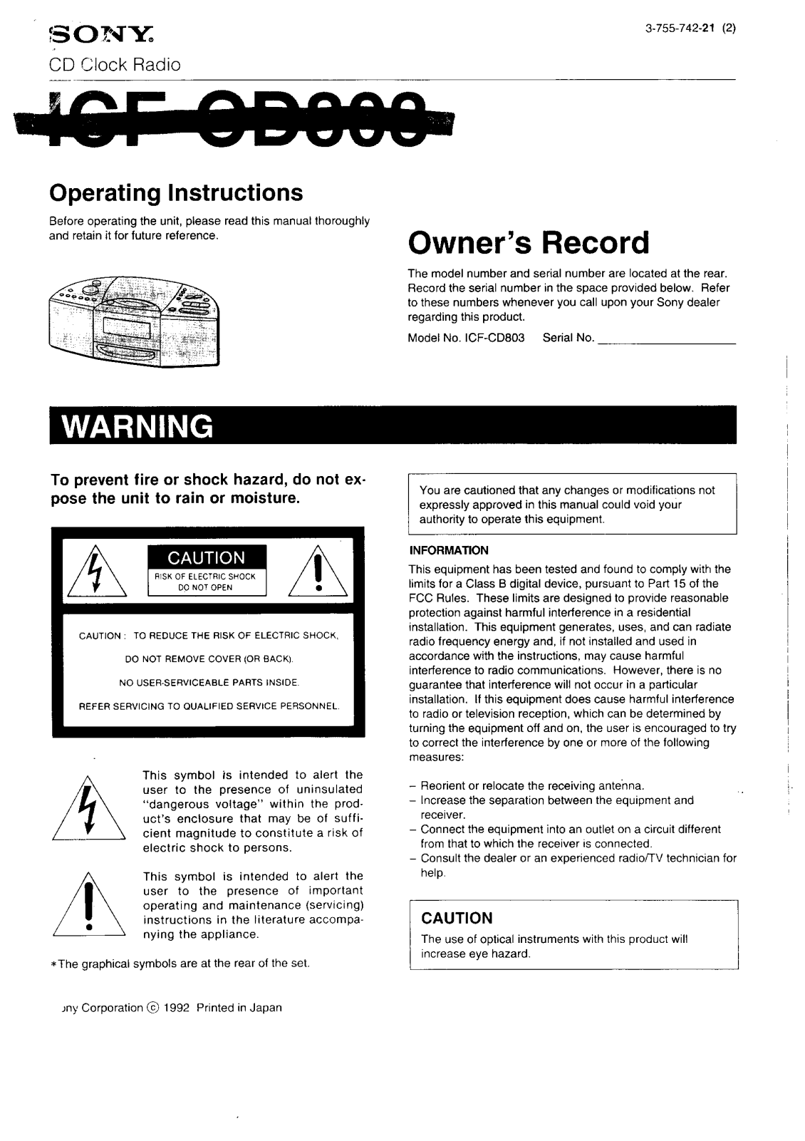 Sony ICF-CD803 Operating Instructions