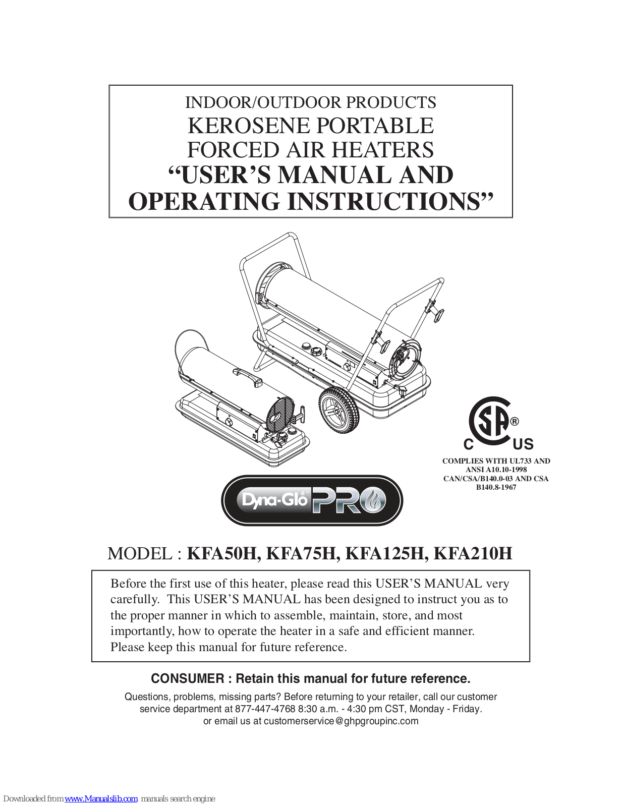 Dyna-Glo KFA75H, KFA125H, KFA210H, PRO KFA50H, PRO KFA75H User's Manual And Operating Instructions