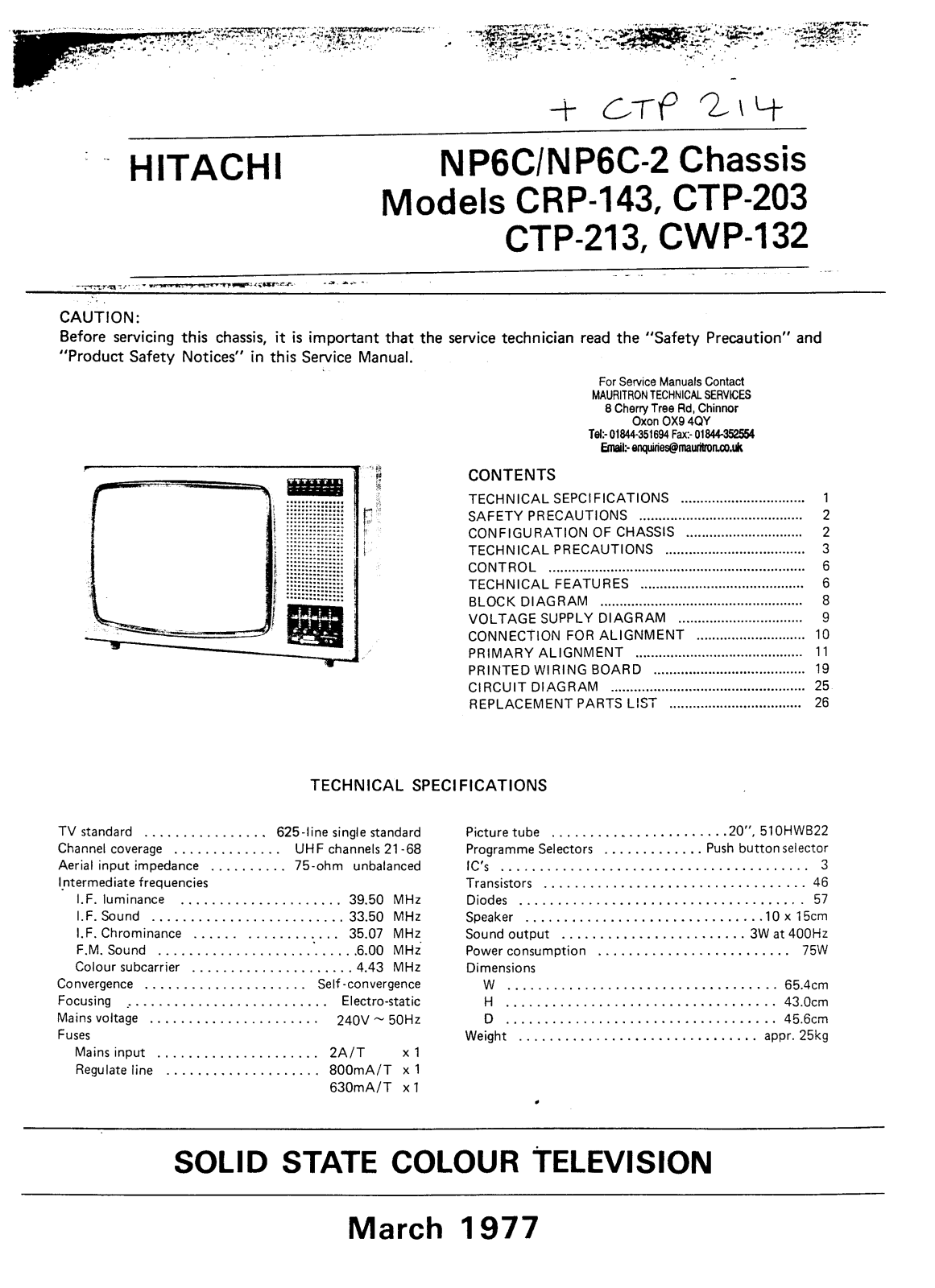 HITACHI CTP-203, CTP-213, CWP-132 Service Manual