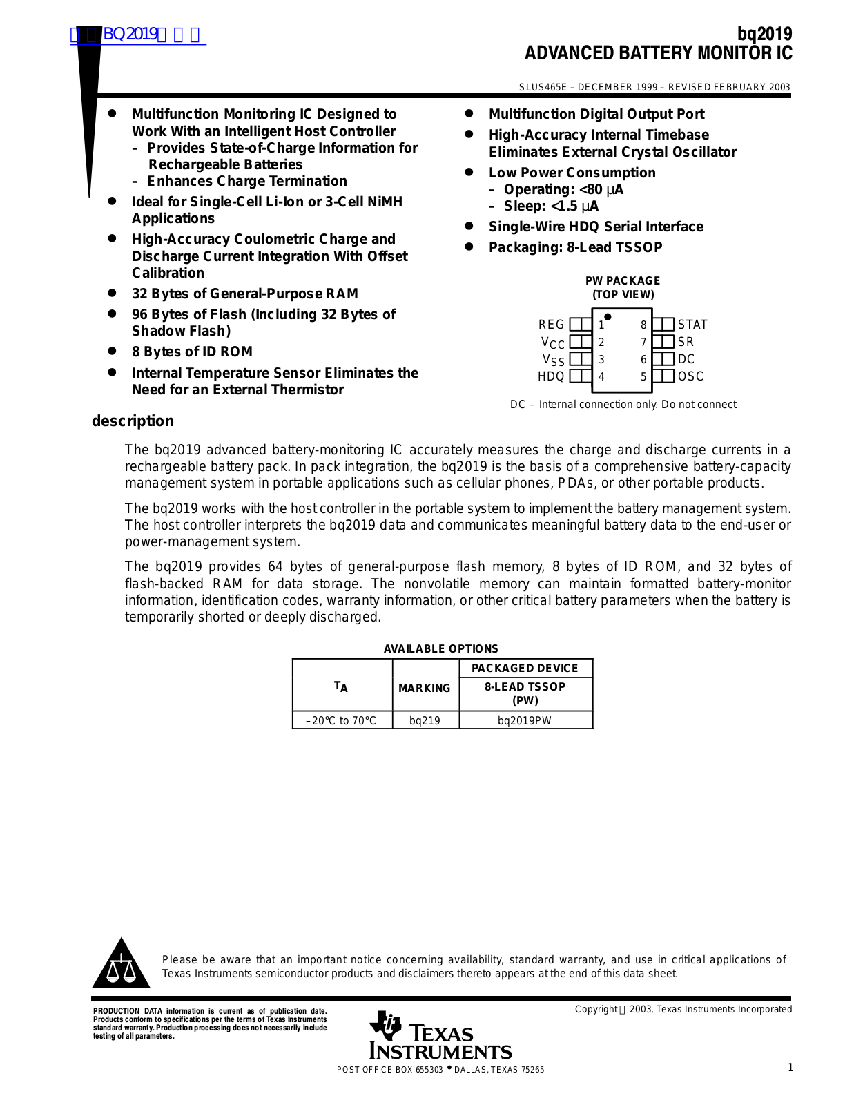 TEXAS INSTRUMENTS bq2019 Technical data